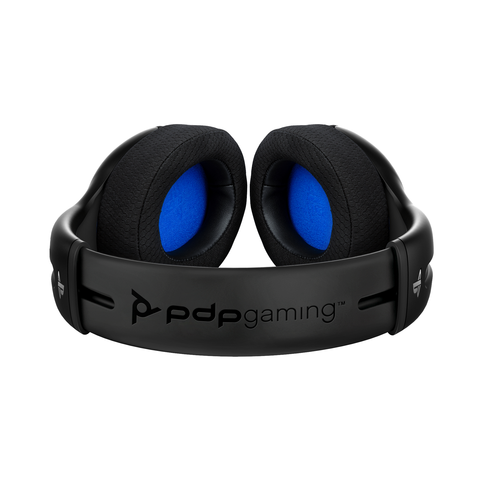 Cuffie da gioco nere con imbottitura blu. Il marchio 'pdp gaming' è visibile sulla fascia.