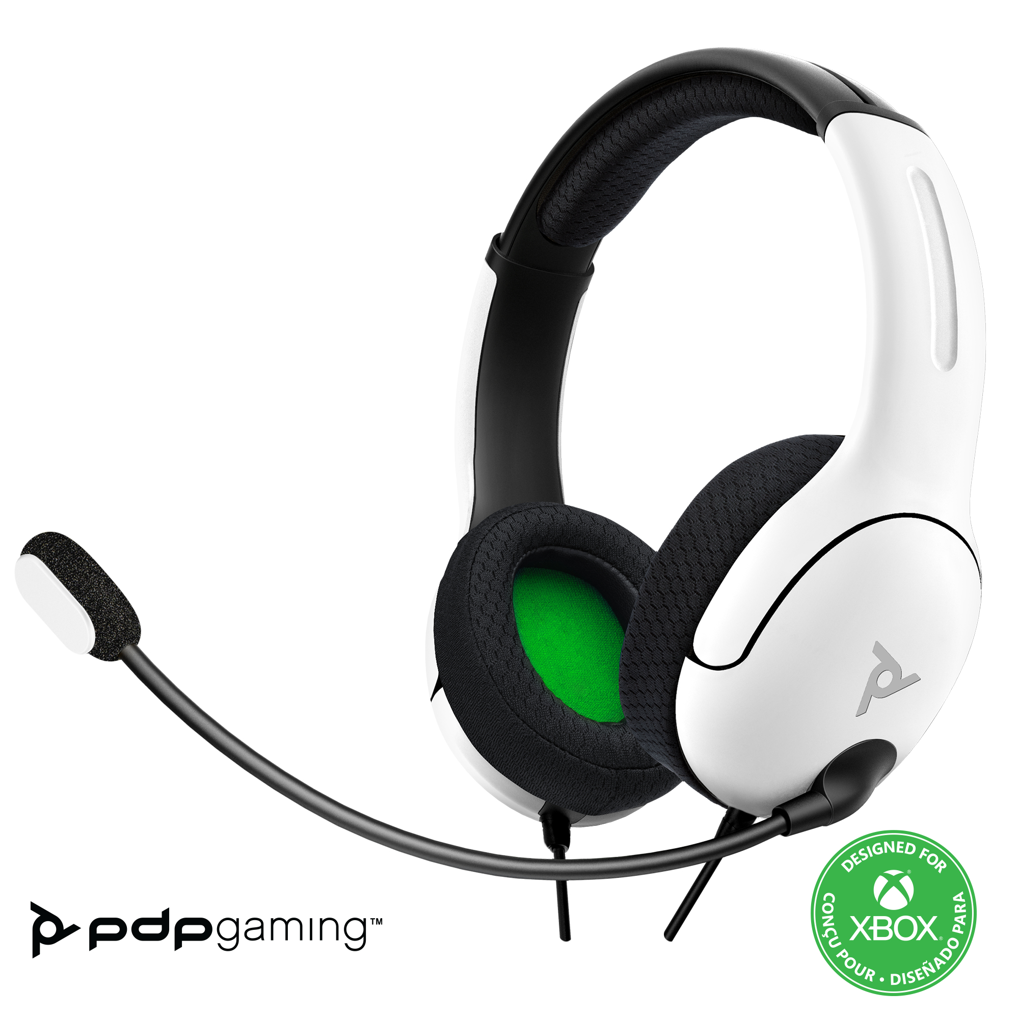 Weißes Gaming-Headset mit Mikrofon. Das Headset hat schwarze Akzente und das Xbox-Logo.