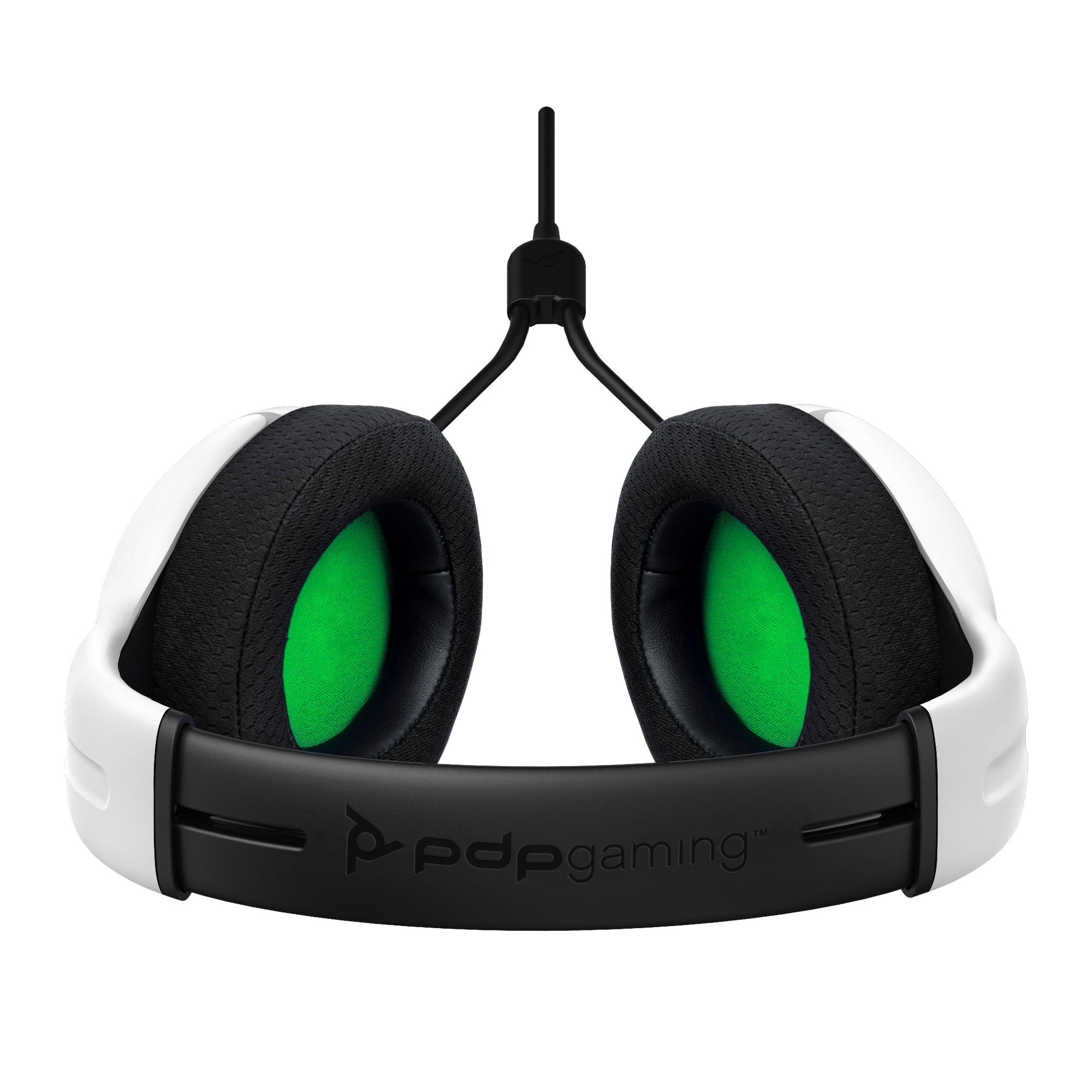 Weißes Gaming-Headset mit schwarzer und grüner Polsterung. Der Markenname 'pdp gaming' ist sichtbar.