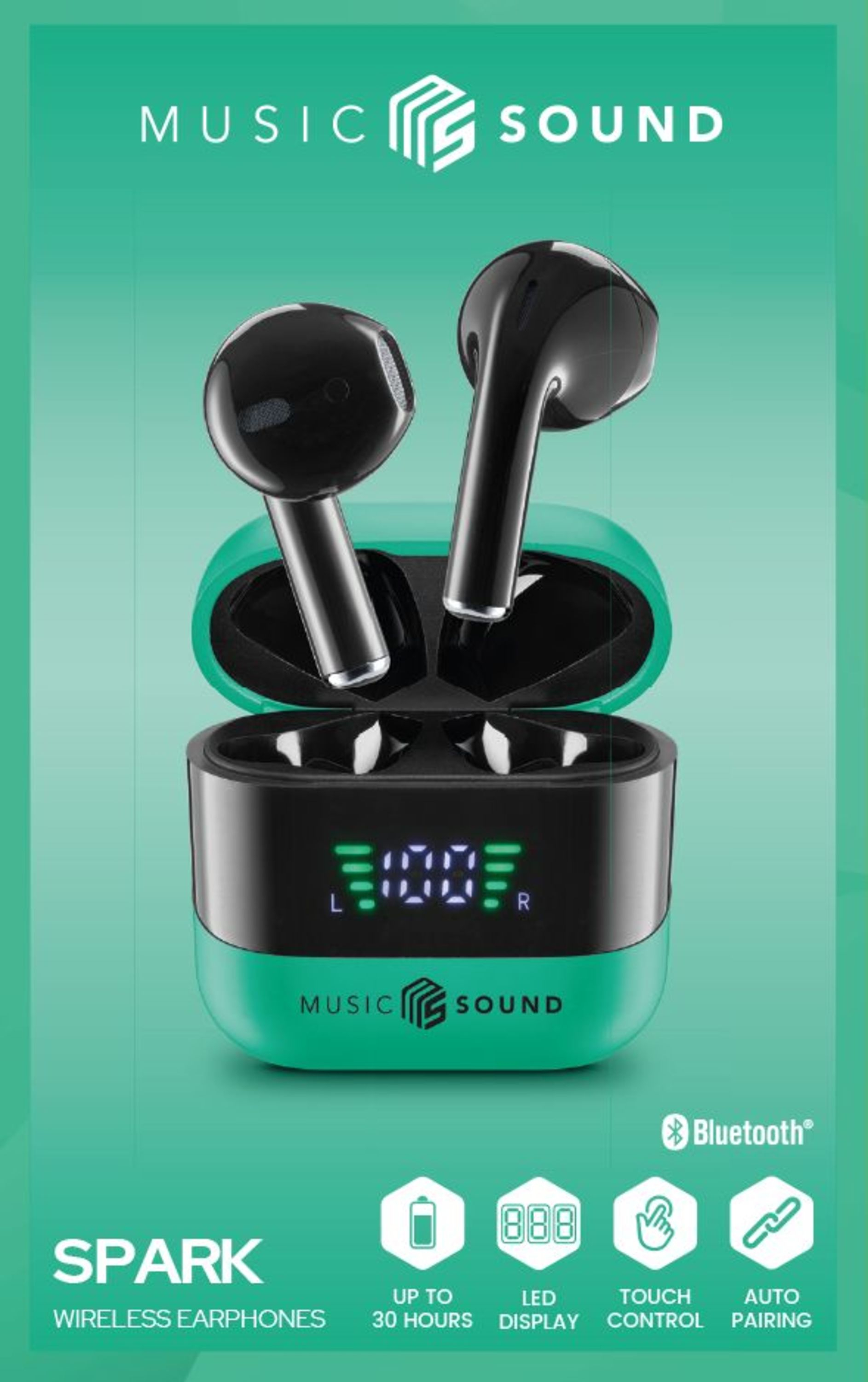 Schwarze Ohrhörer in einem grünen Etui mit Text 'Music Sound' und Produktspezifikationen.
