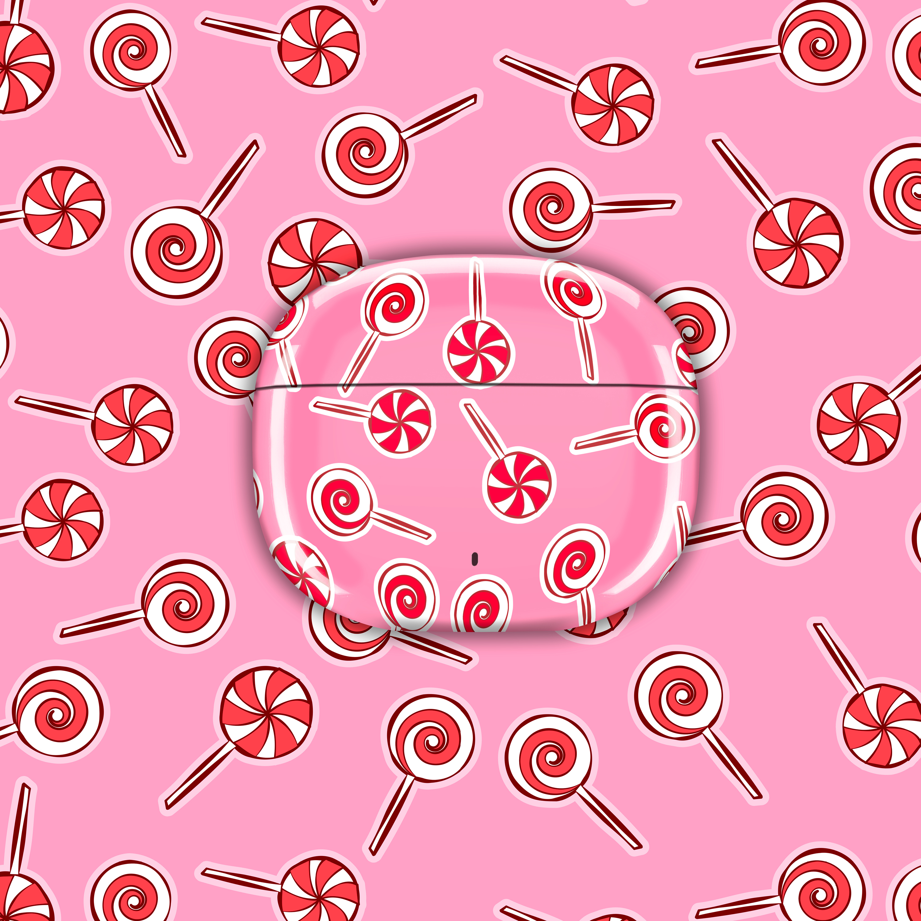 Ohrhörer-Etui mit Lollipop-Muster. Pinkes Etui mit pinkem Hintergrund und Lollipop-Design.
