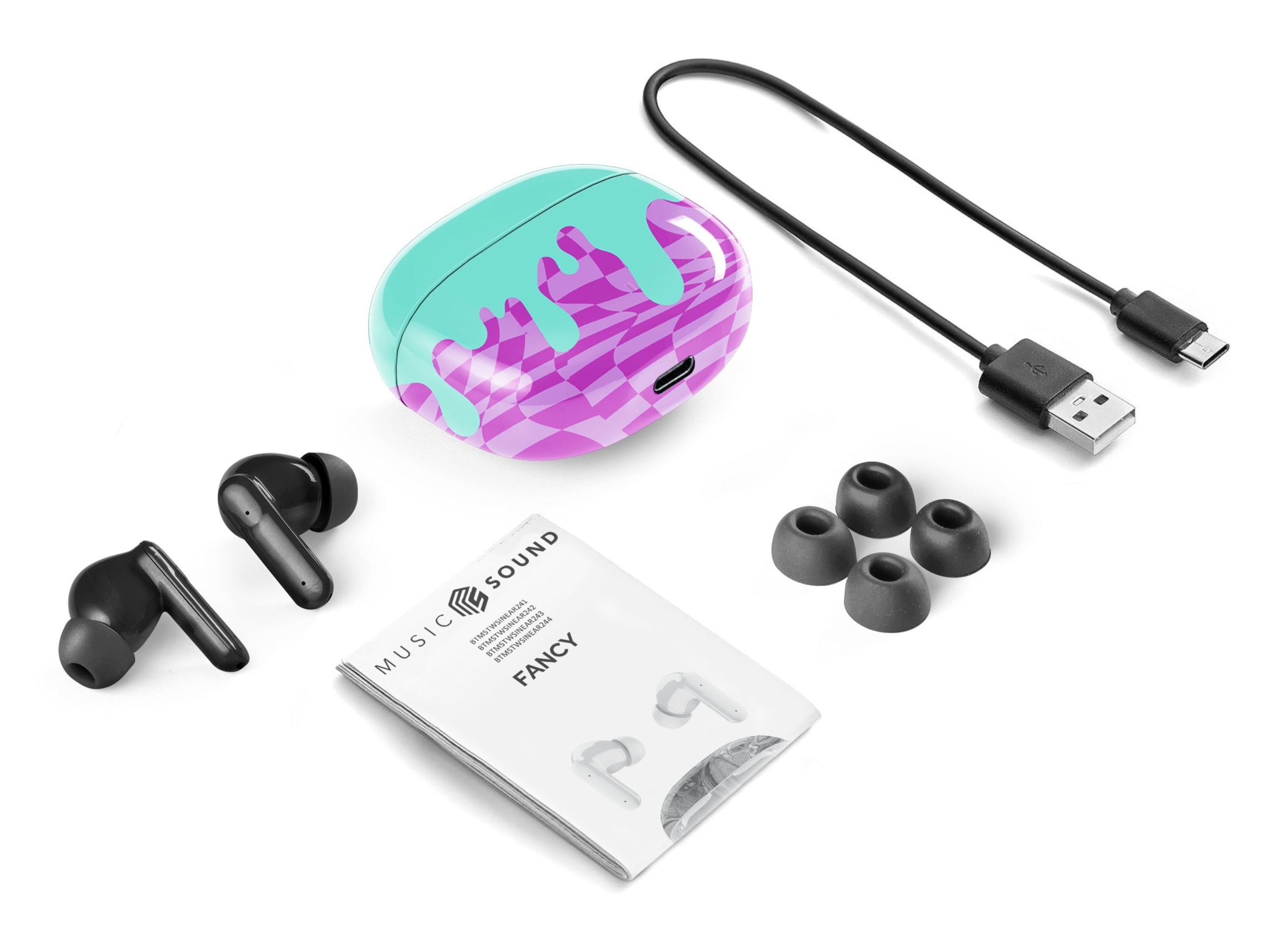 Ohrhörer, Etui, Kabel und Ohrtips auf weißer Oberfläche. Das Etui hat ein Design.