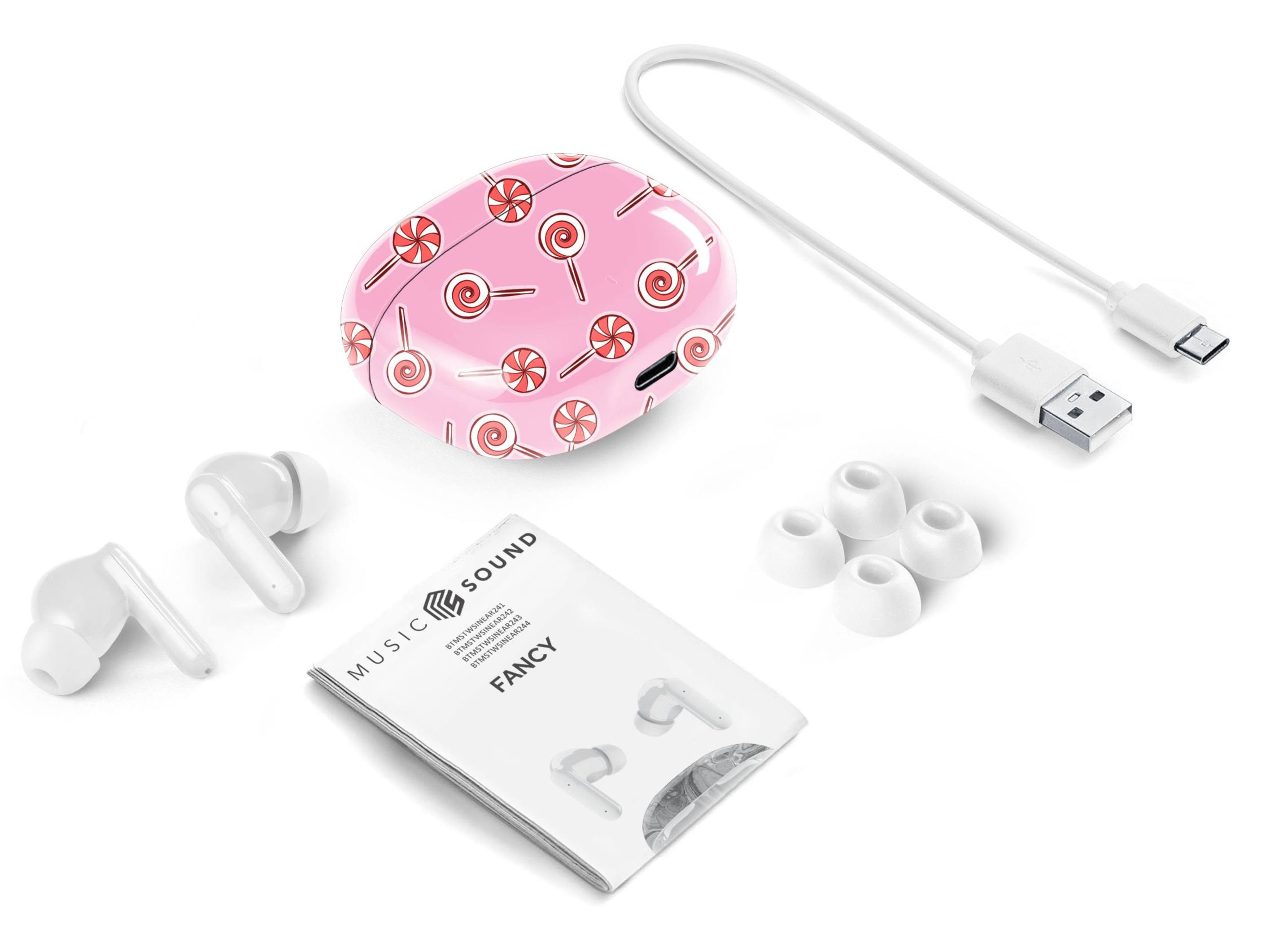 Ohrhörer, Etui, Kabel und Ohrtips auf weißer Oberfläche. Das Etui hat ein Lollipop-Muster.