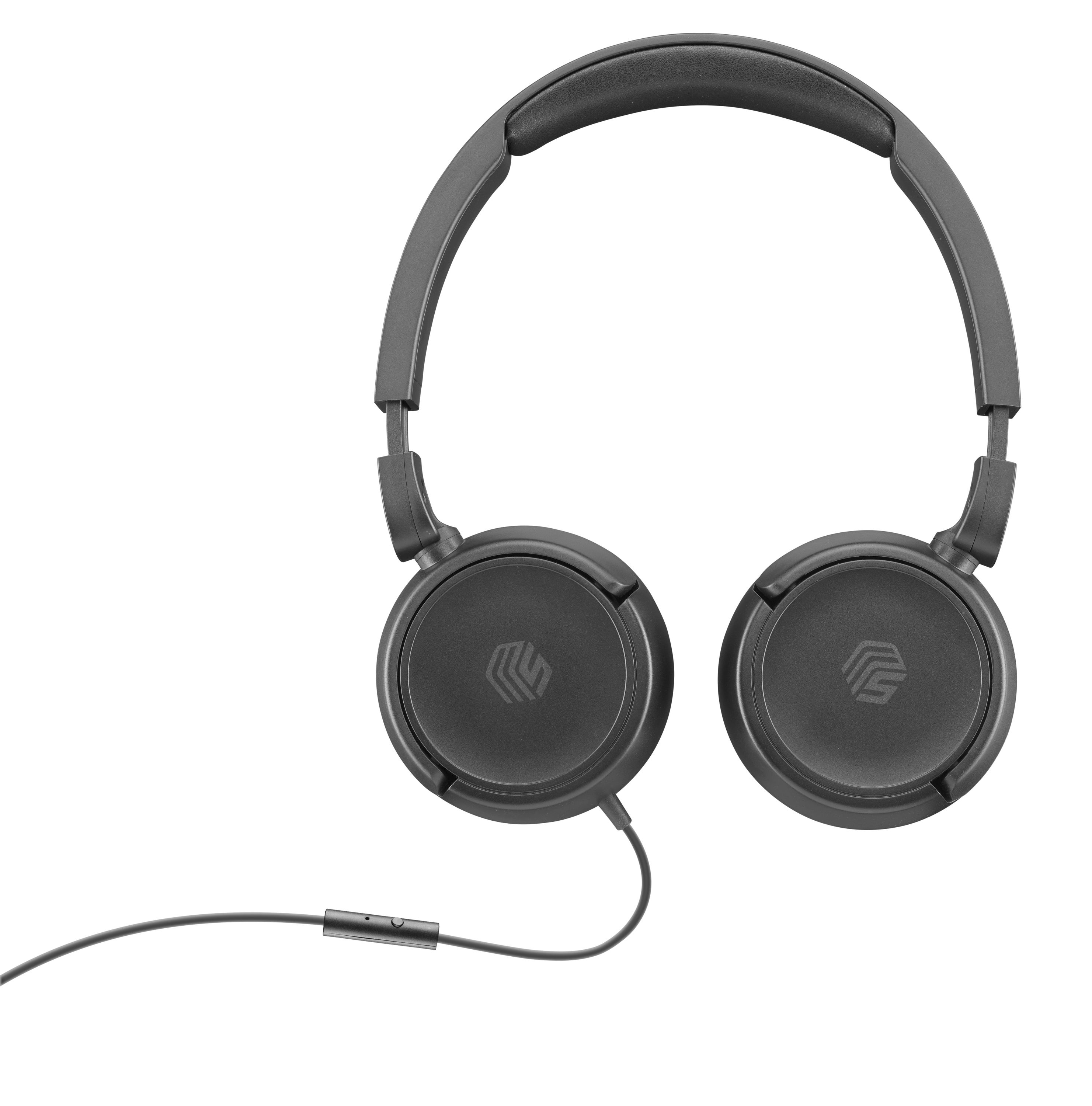 Cuffie grigio scuro con pulsante di controllo sul cavo e sfondo bianco.