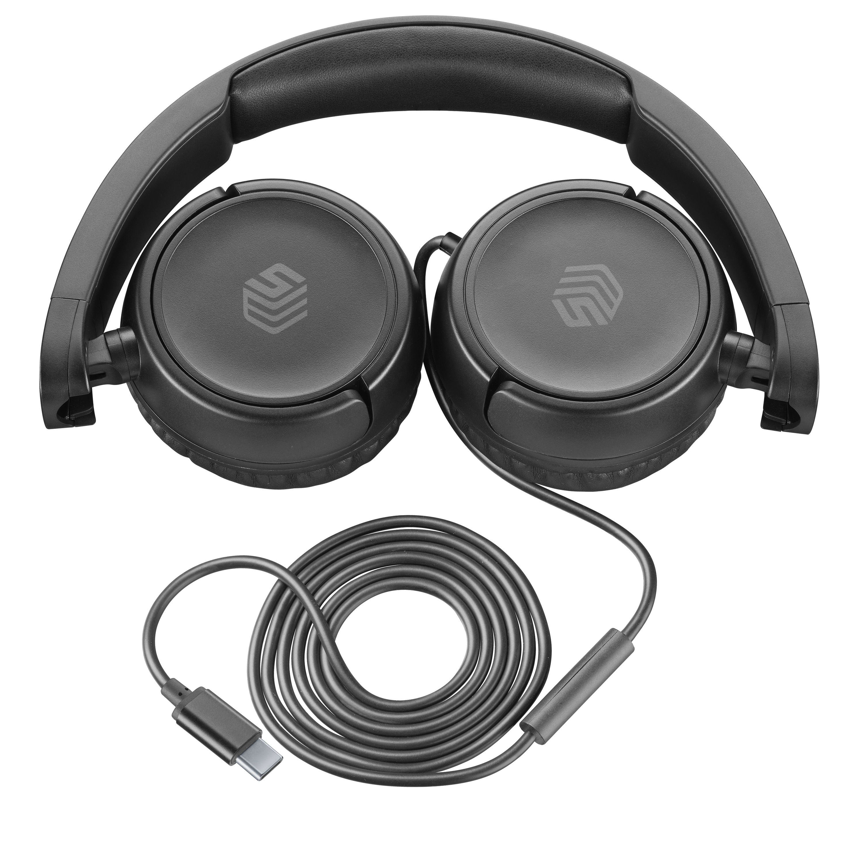 Cuffie nere con archetto nero, cuscinetti neri e cavo nero con connettore USB-C.
