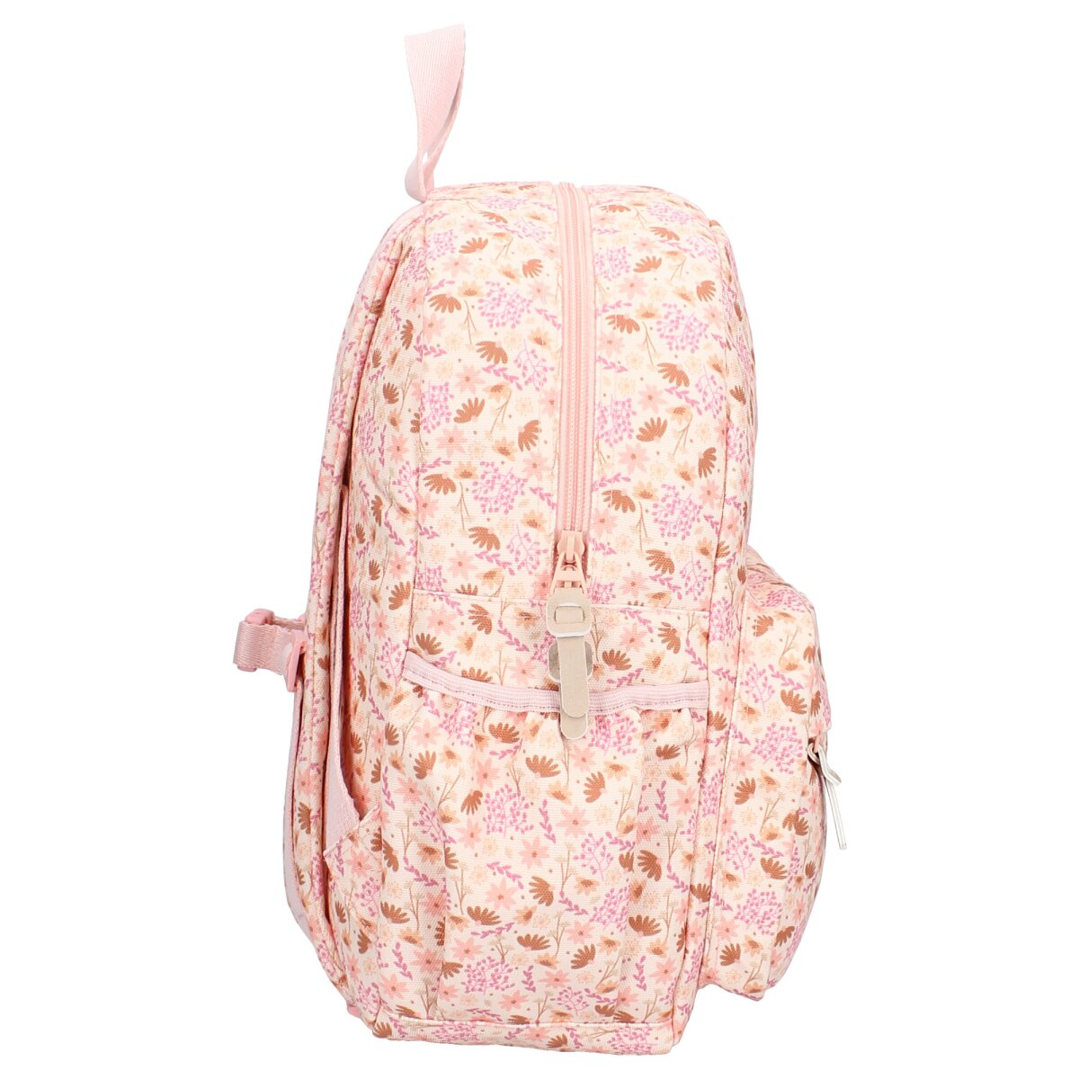 Seitenansicht eines pinkfarbenen Rucksacks mit Blumenmuster, Reißverschluss und Griff.