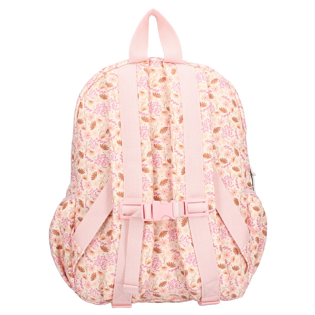 Rückansicht eines pinkfarbenen Rucksacks mit Blumenmuster. Träger und Schnalle sichtbar.