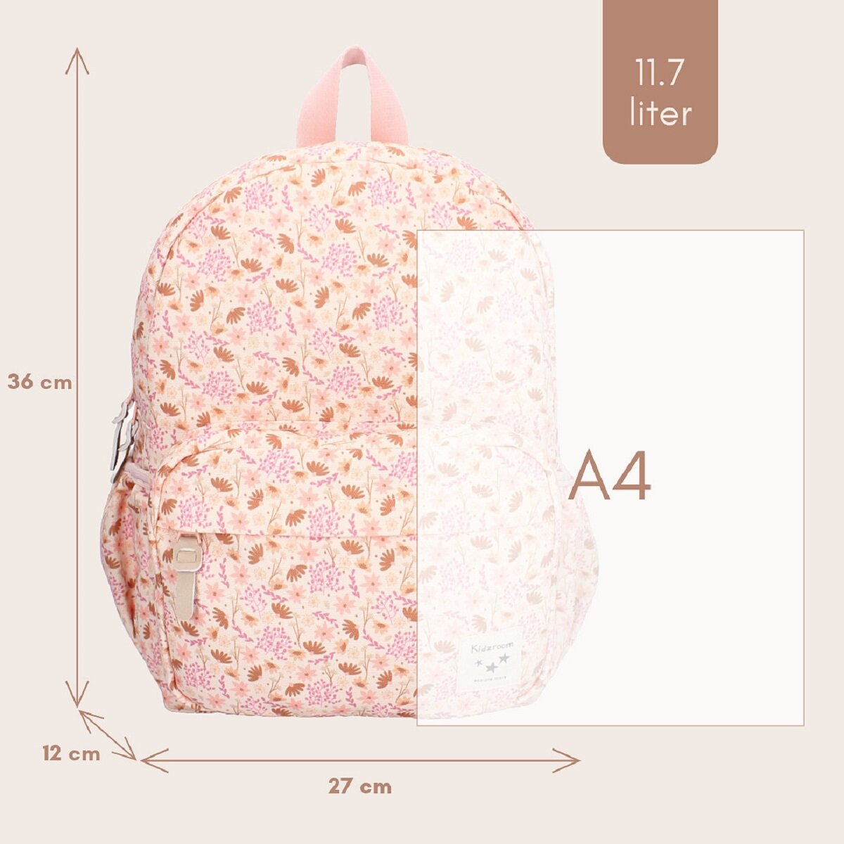 Rosa Blumenrucksack mit Abmessungen und Kapazitätsdetails.