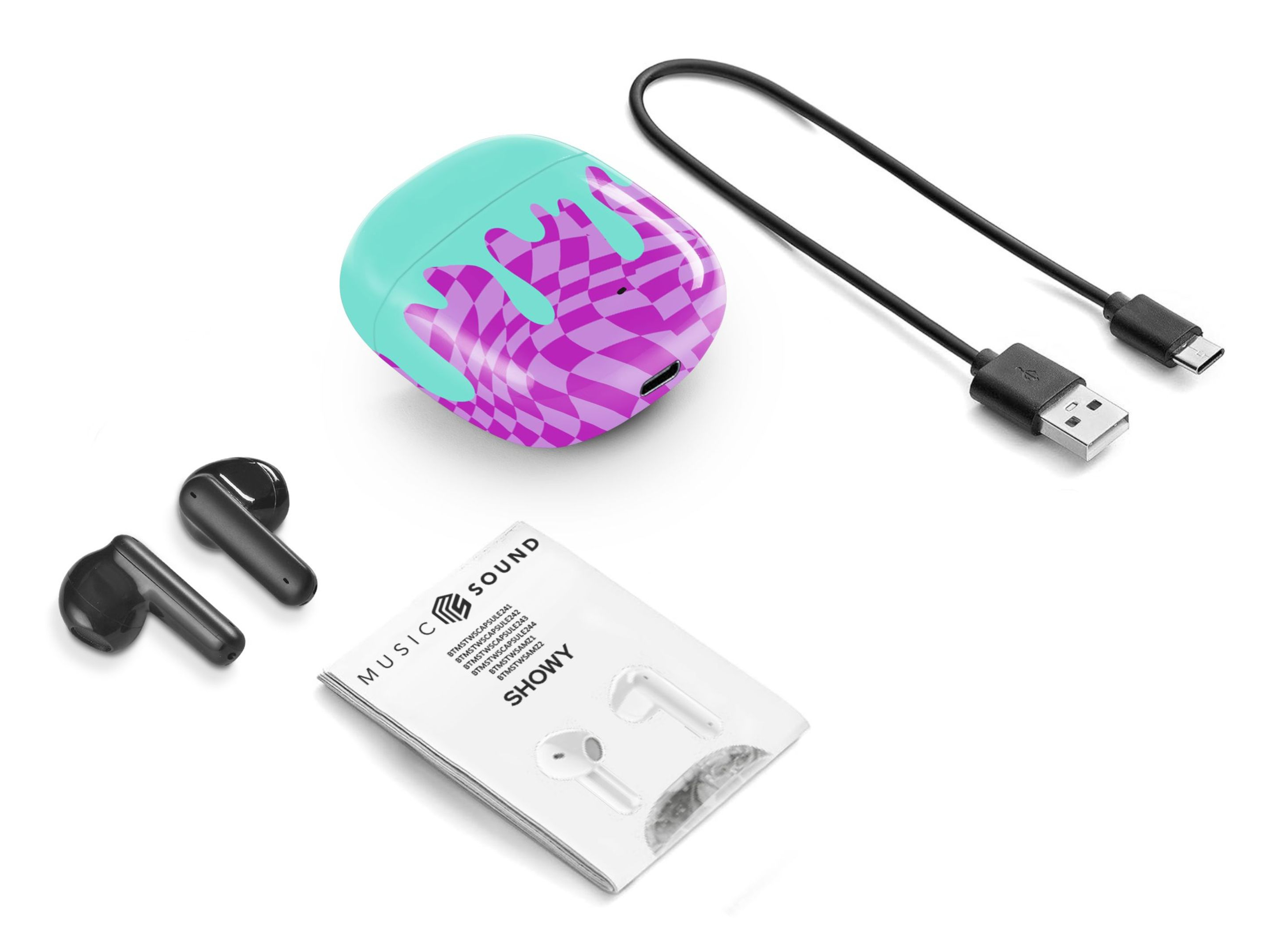 Ohrhörer, Ladecase mit Wellendesign, Kabel und Handbuch auf Weiß.