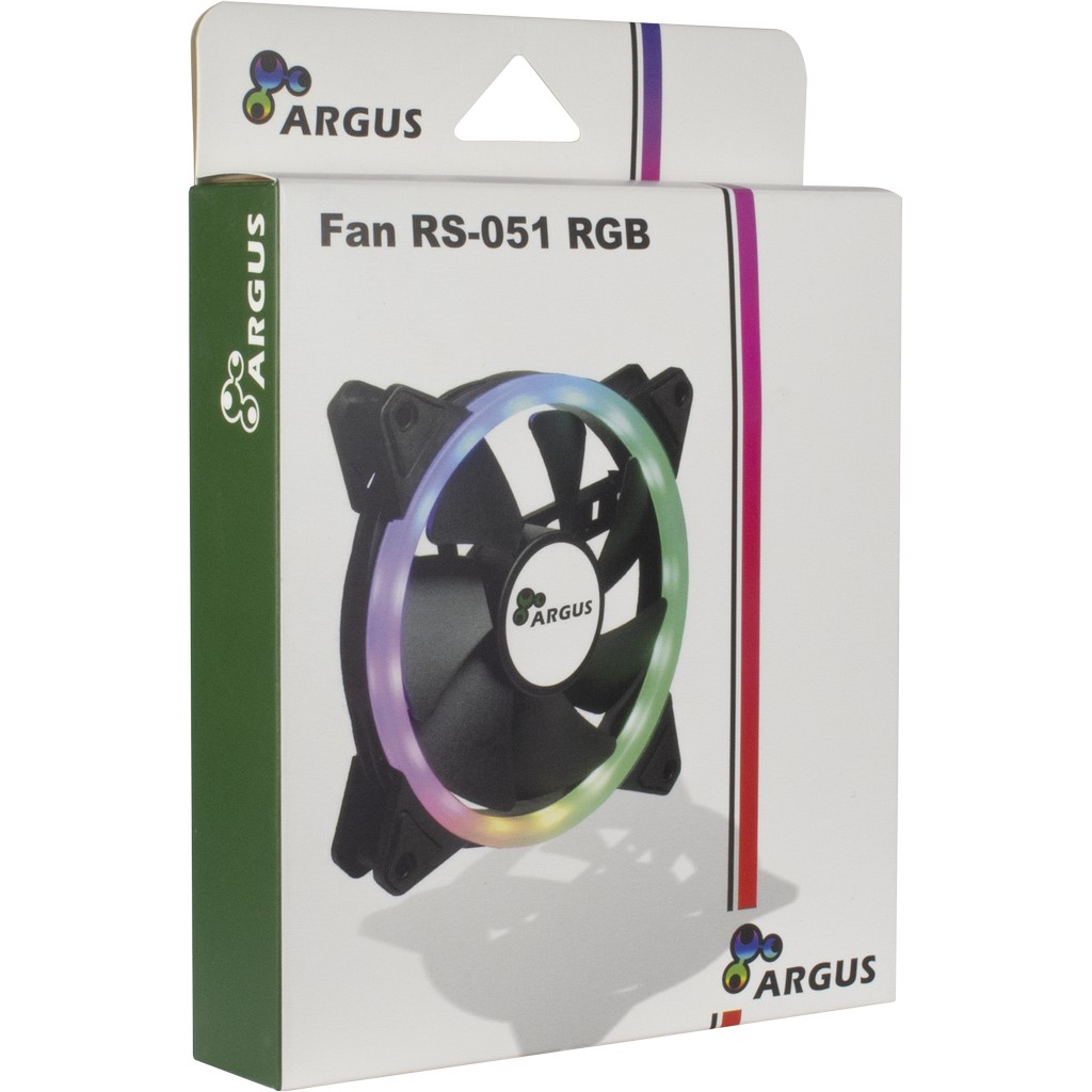 Box mit Lüfter. Der Lüfter ist schwarz mit RGB-Beleuchtung. Auf der Box steht 'Fan RS-051 RGB'.