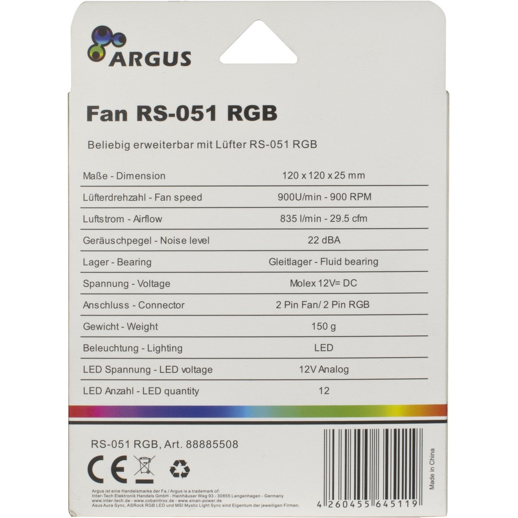 Produktinformationskarte für einen Argus RS-051 RGB Lüfter. Enthält Abmessungen, Luftstrom und Spannungsspezifikationen.