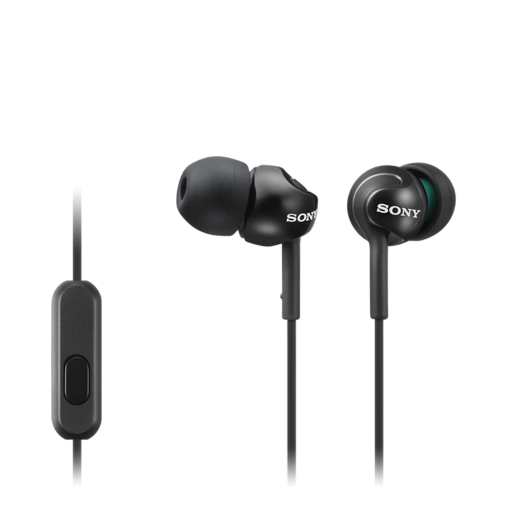 Black earbuds with control and wire.
