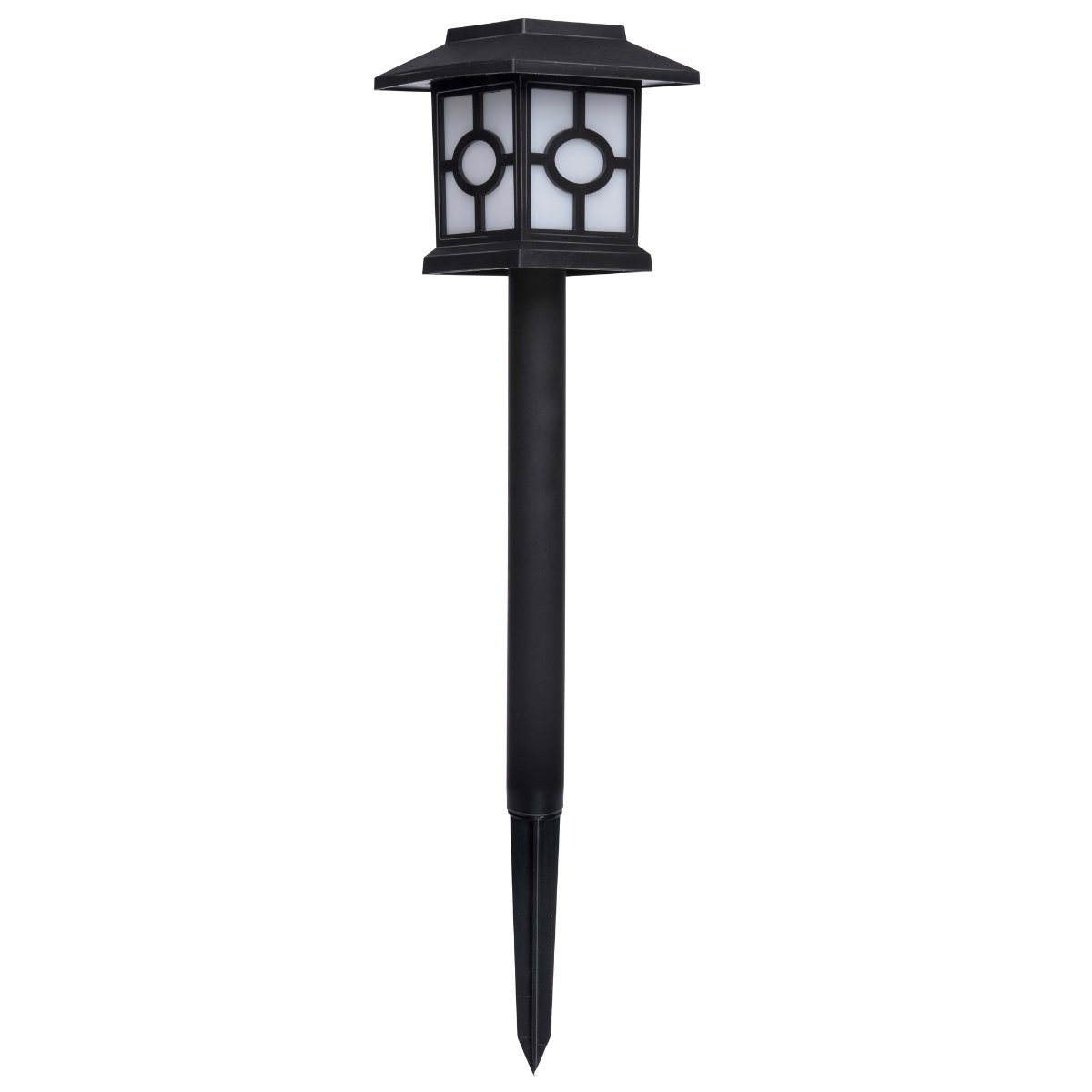 A black solar garden lamp. It has a square top with decorative cutouts and sits on a black pole.
