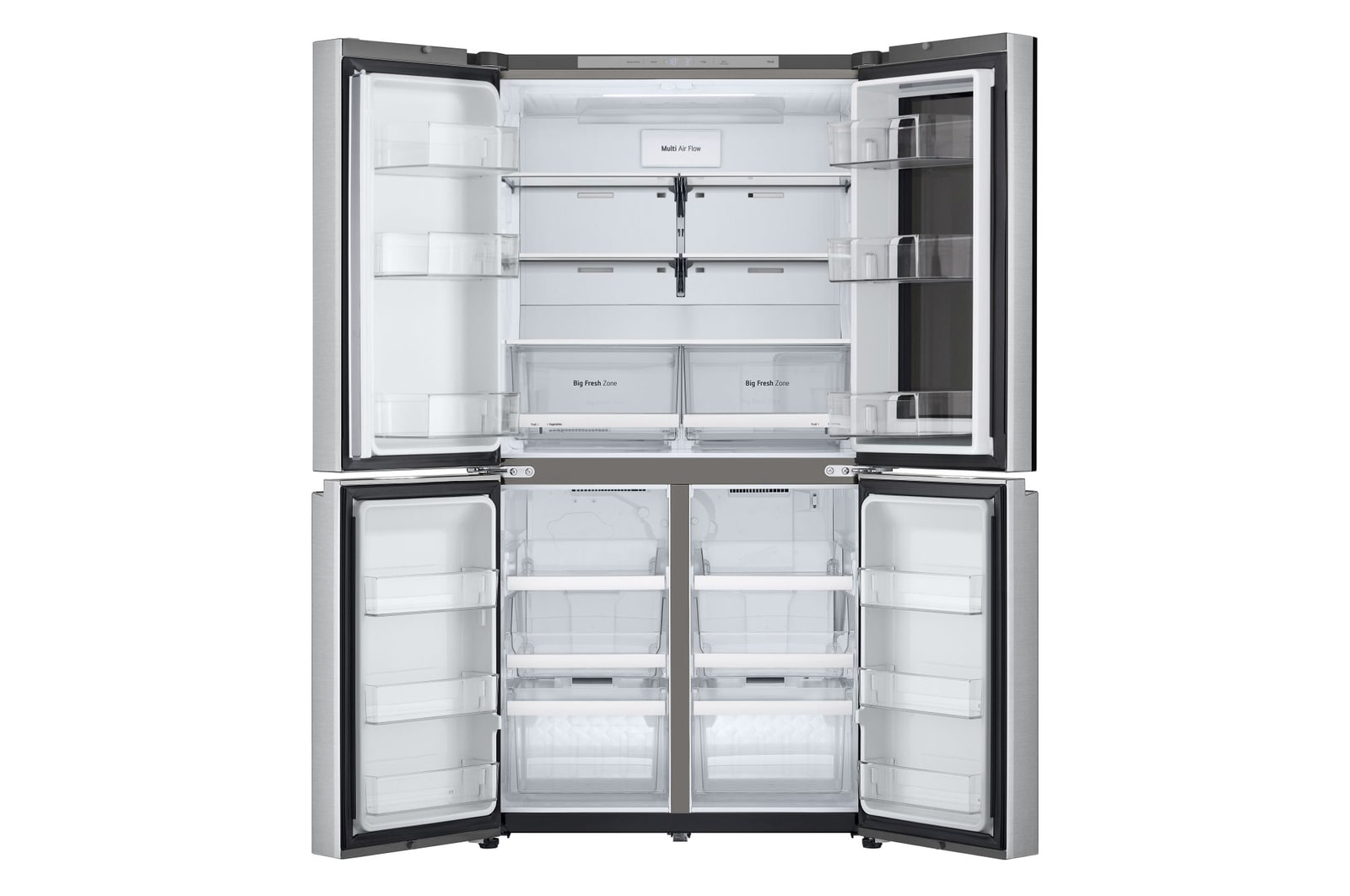 Otwarta lodówka LG z wieloma półkami, szufladami i przegrodami, wszystkie puste i czyste.