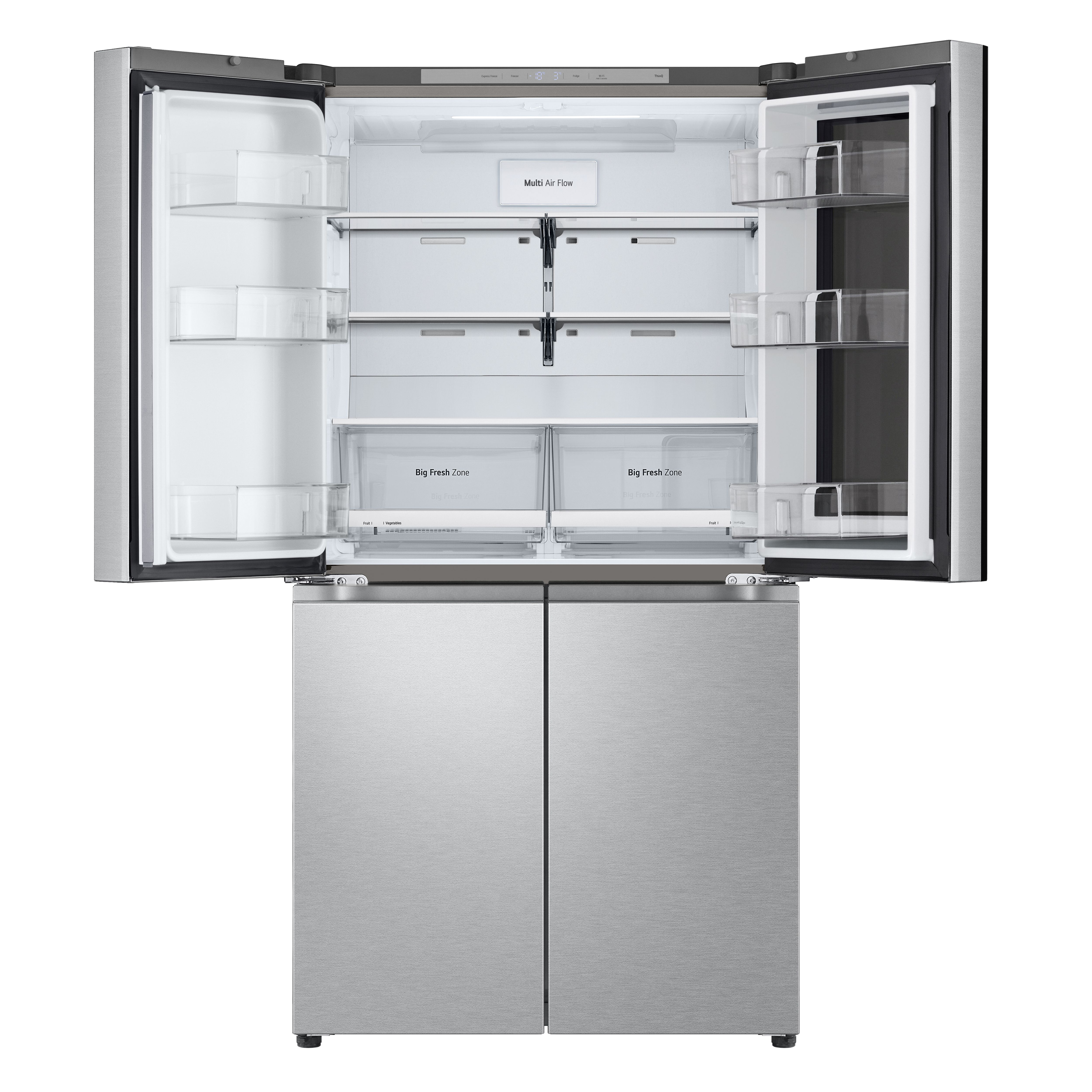 Lodówka z otwartymi drzwiami. Jest srebrna i ma dwie szuflady.