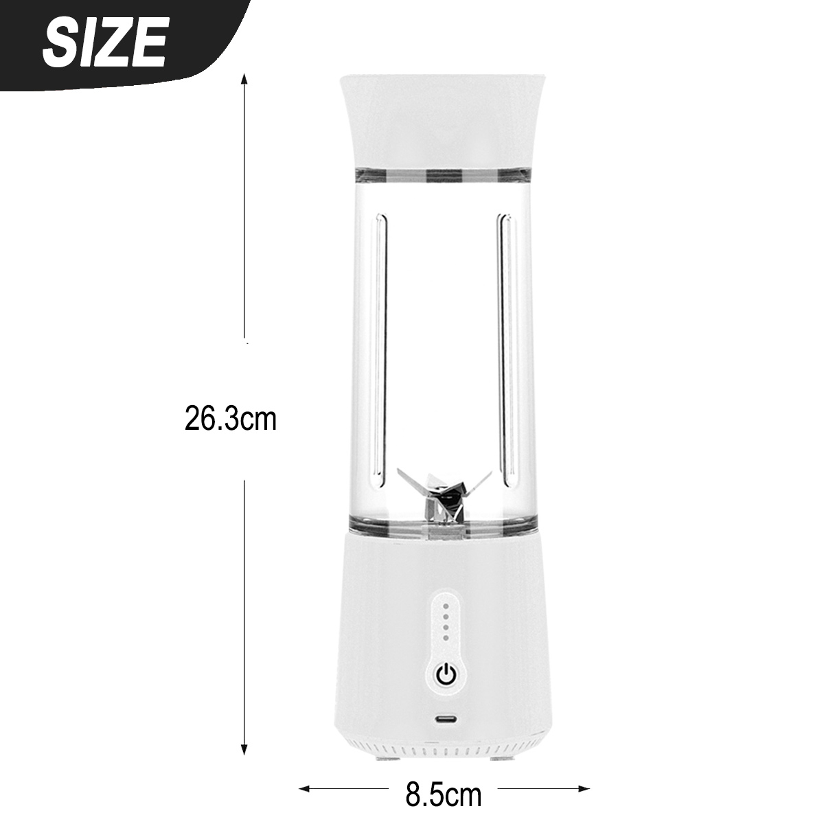 Ein weißer Mixer mit Maßen. Die Höhe beträgt 26,3 cm, die Breite 8,5 cm.