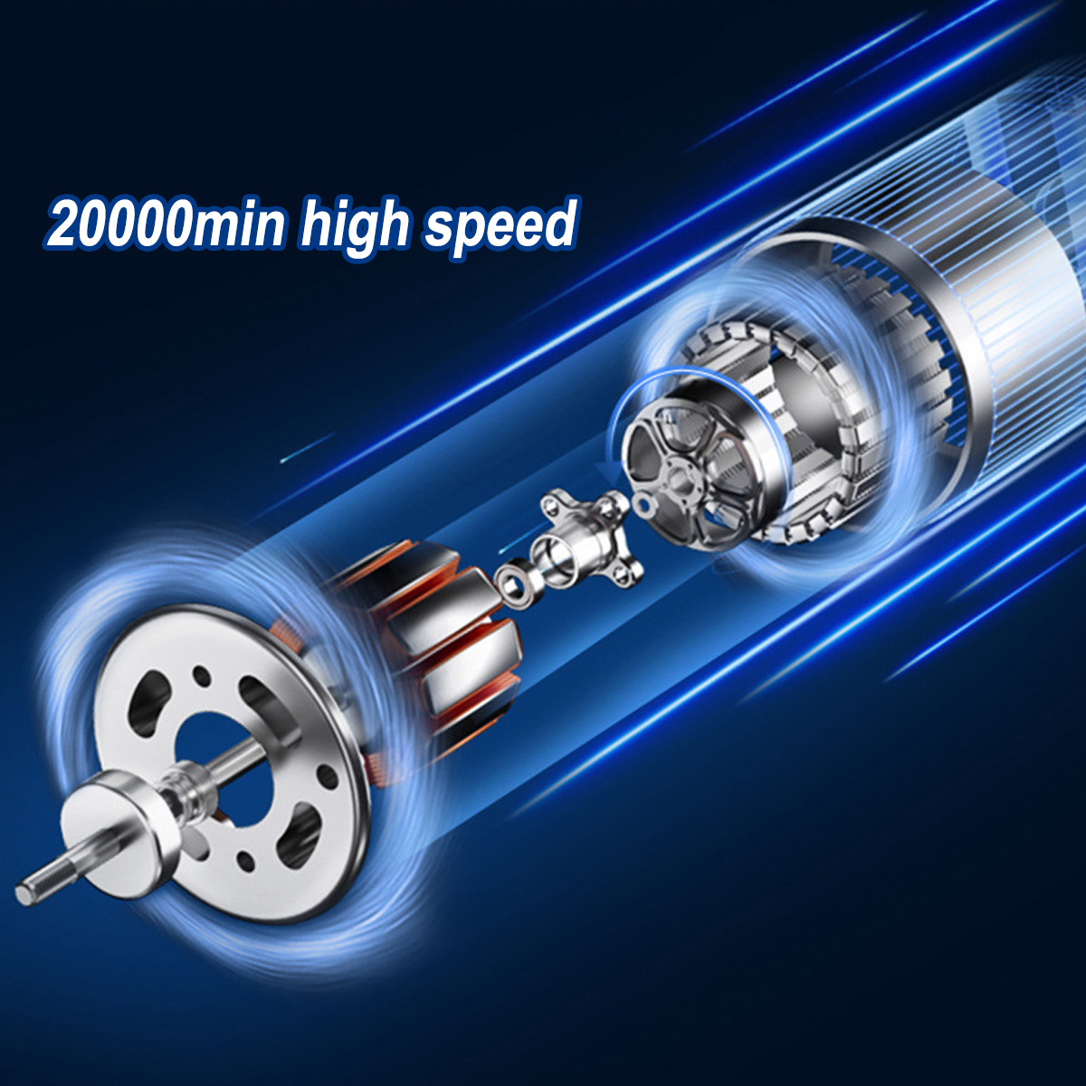 Nahaufnahme eines Motors mit dem Text 20000min hohe Geschwindigkeit.