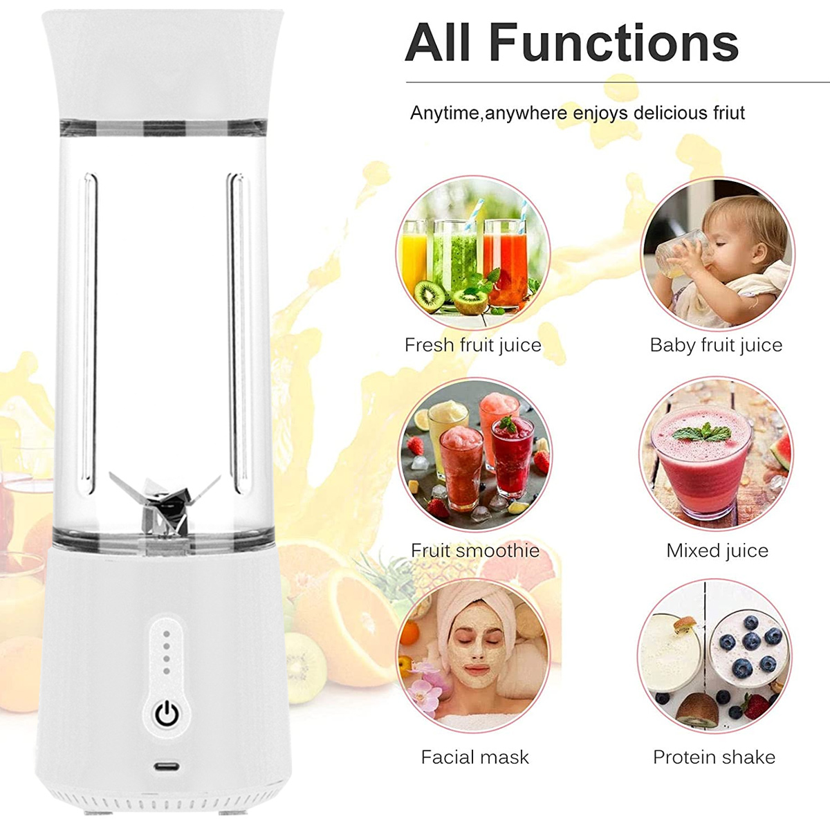 Weißer Mixer mit transparentem Behälter mit Klingen, mit Saftbeispielen. Zusätzliche Bilder zeigen Smoothie und andere Verwendungen.