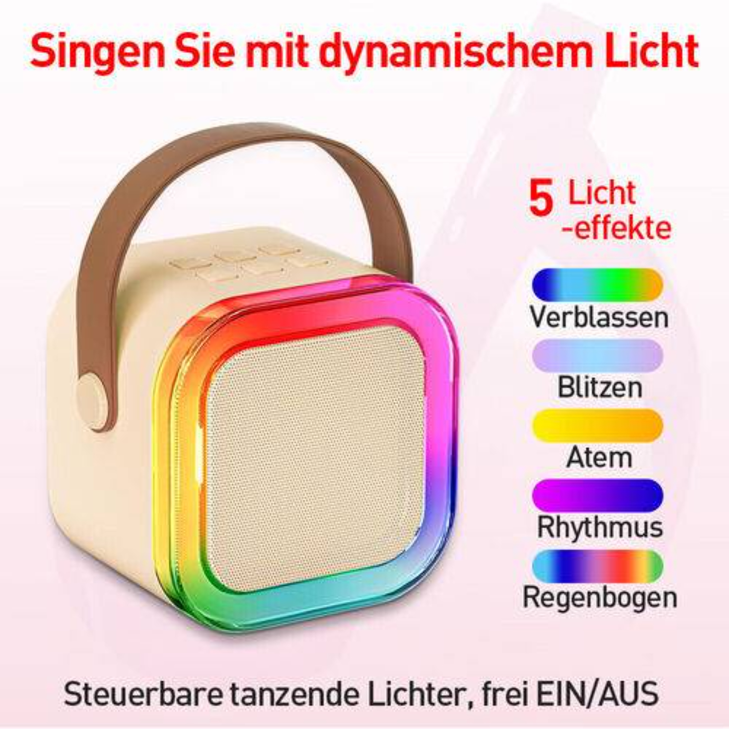 Tragbarer Lautsprecher mit bunten Lichtern. Er hat einen Griff. Der Lautsprecher hat den Text '5 Lichteffekte'.