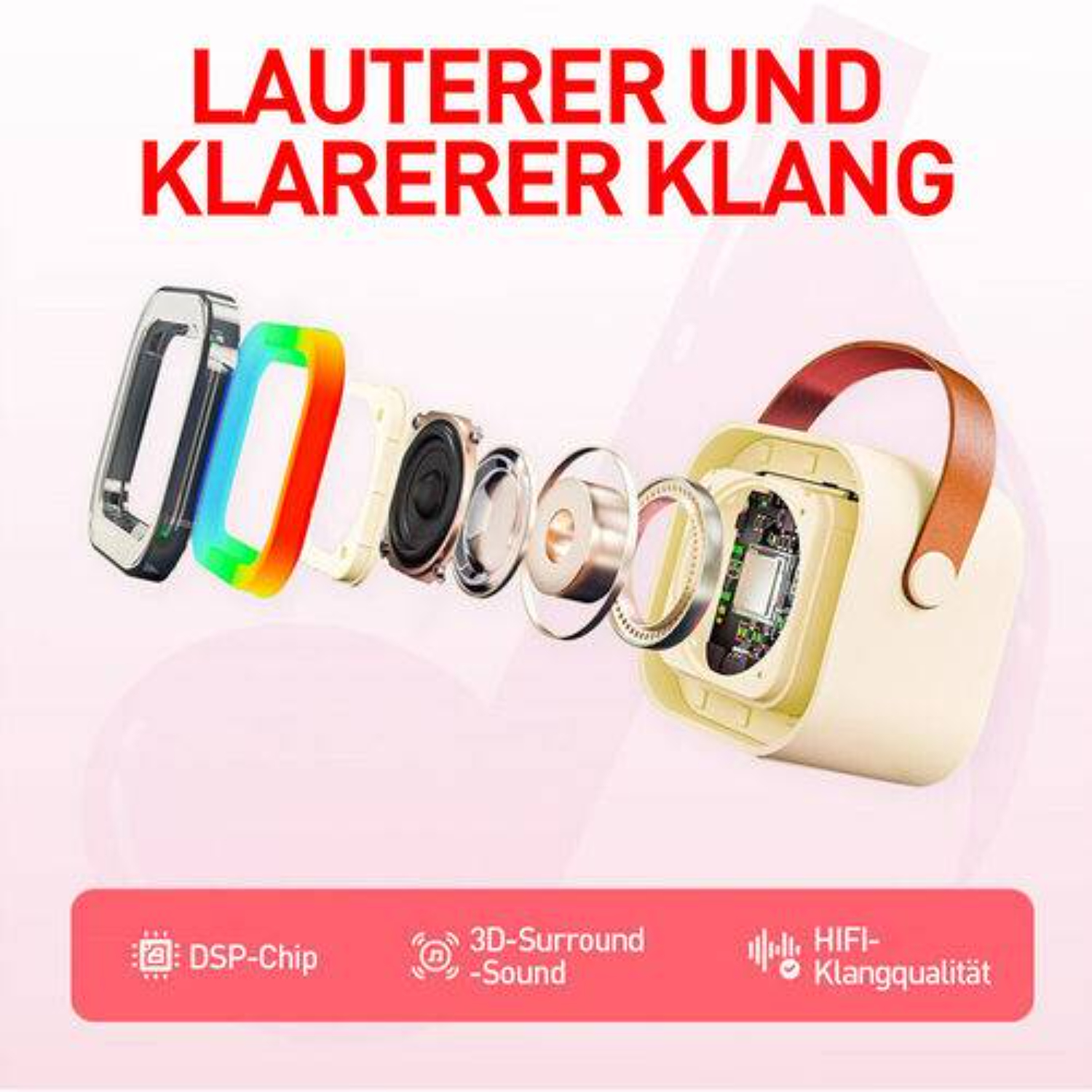 Ein zerlegter Lautsprecher. Zeigt interne Komponenten, einschließlich eines Lautsprechers und des LED-beleuchteten Randes.