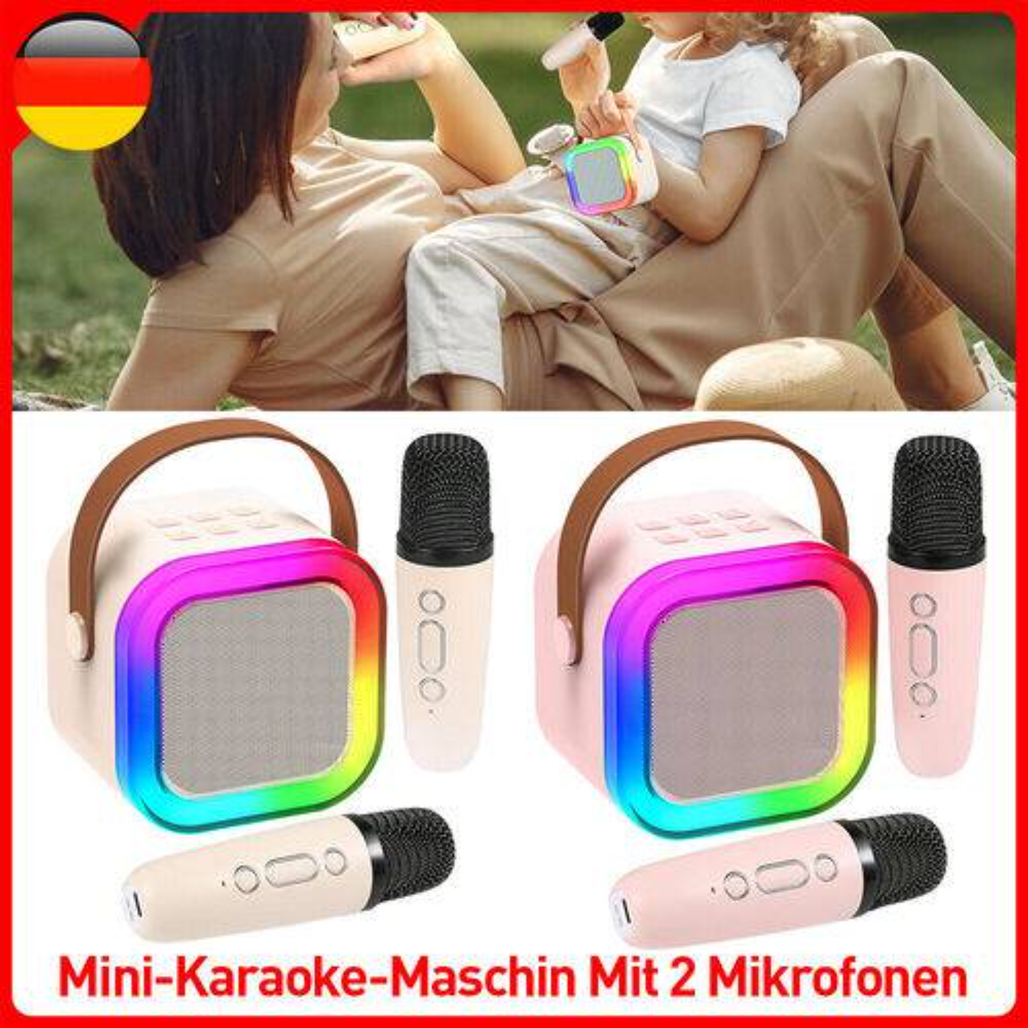 Zwei rosa Karaoke-Maschinen mit Mikrofonen. Eine befindet sich auf dem Schoß einer Person, die andere auf einem Tisch.