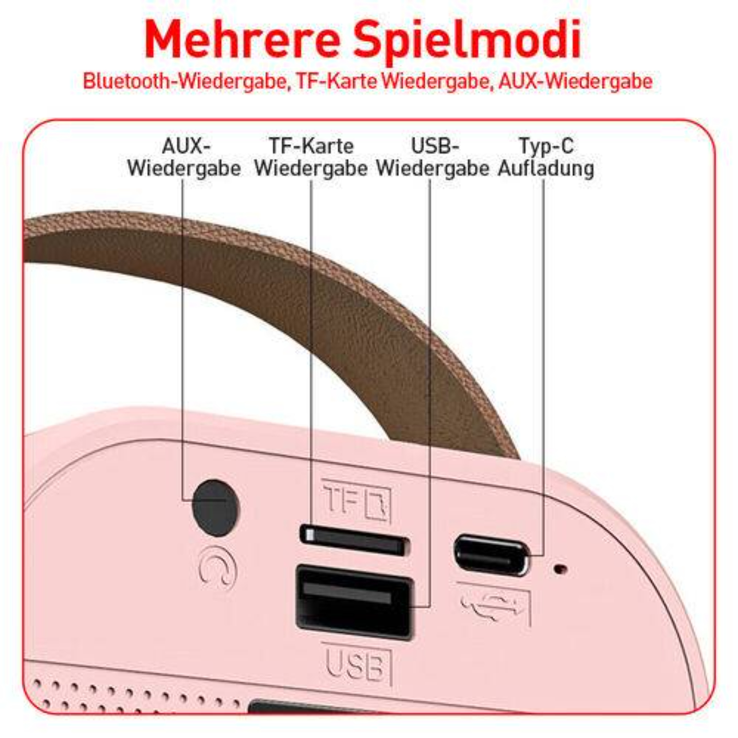 Die Rückseite einer Karaoke-Maschine mit Anschlüssen. Es hat AUX-, TF-, USB- und Typ-C-Ladeanschlüsse.