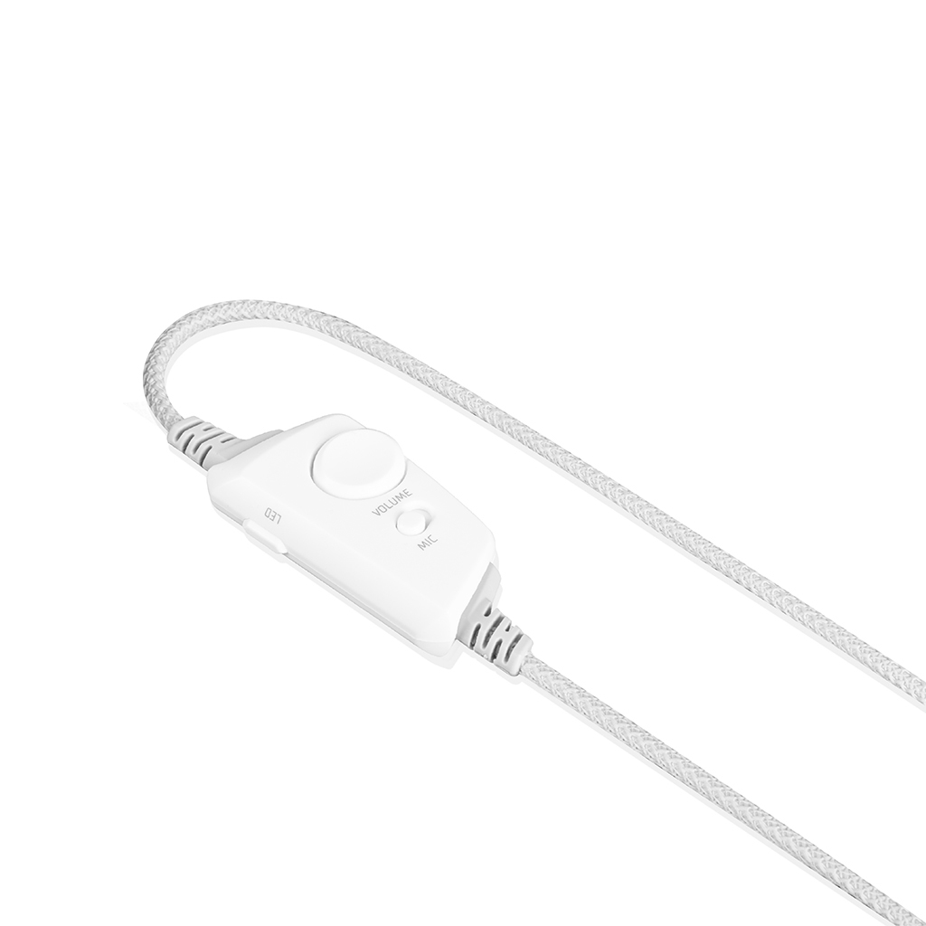 Biały kontroler zestawu słuchawkowego z przyciskami głośności i LED, przymocowany do białego plecionego kabla.