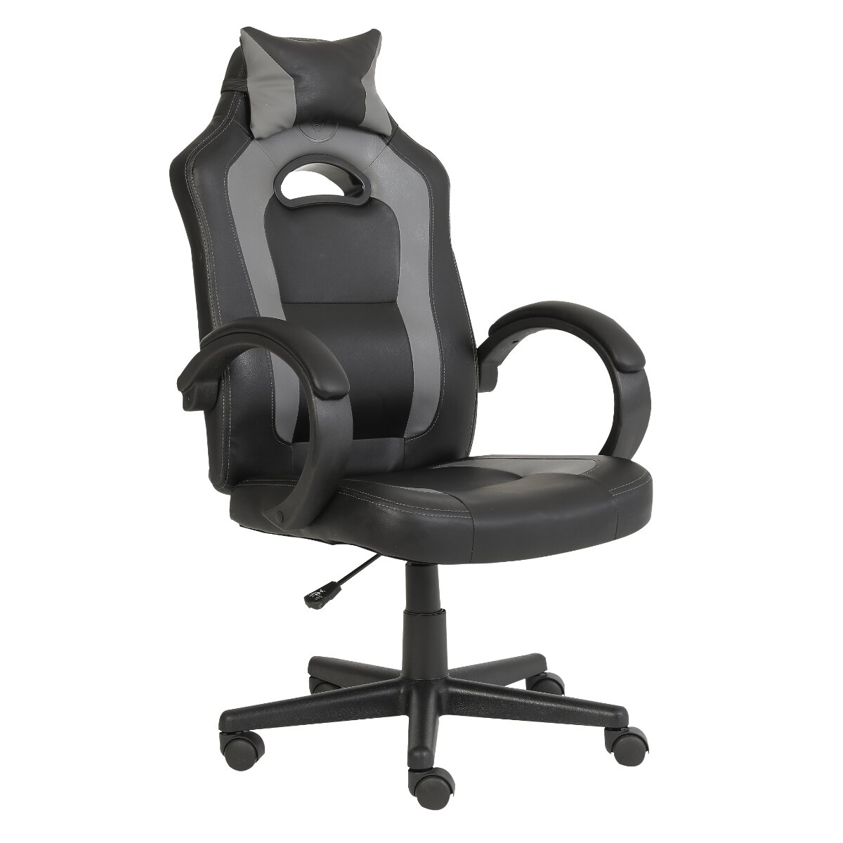 Schwarzer und grauer Gaming-Stuhl mit Kopfstütze und Armlehnen, auf weißem Hintergrund. Der Stuhl ist ergonomisch.