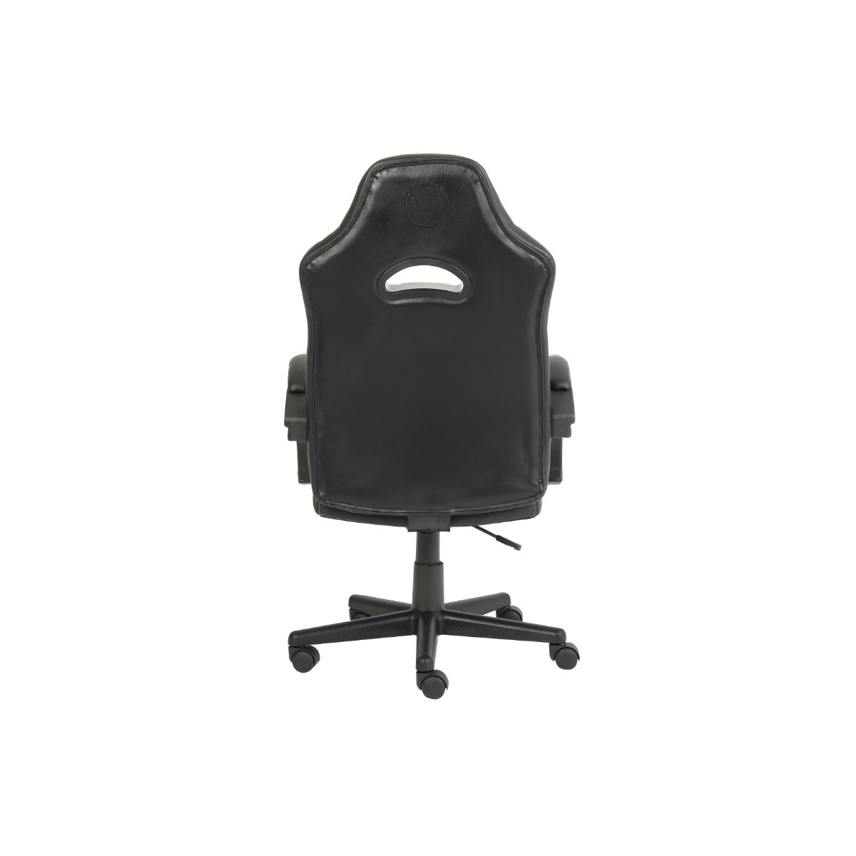 Rückseite eines schwarzen Gaming-Stuhls. Der Stuhl hat ein schwarzes Gestell mit Rädern.