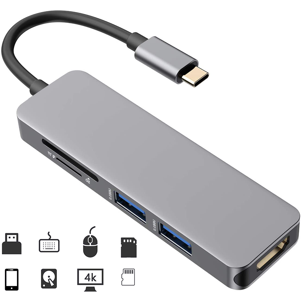 Ein grauer USB-Hub mit verschiedenen Anschlüssen. Es gibt Symbole für SD-Karte, USB und HDMI.