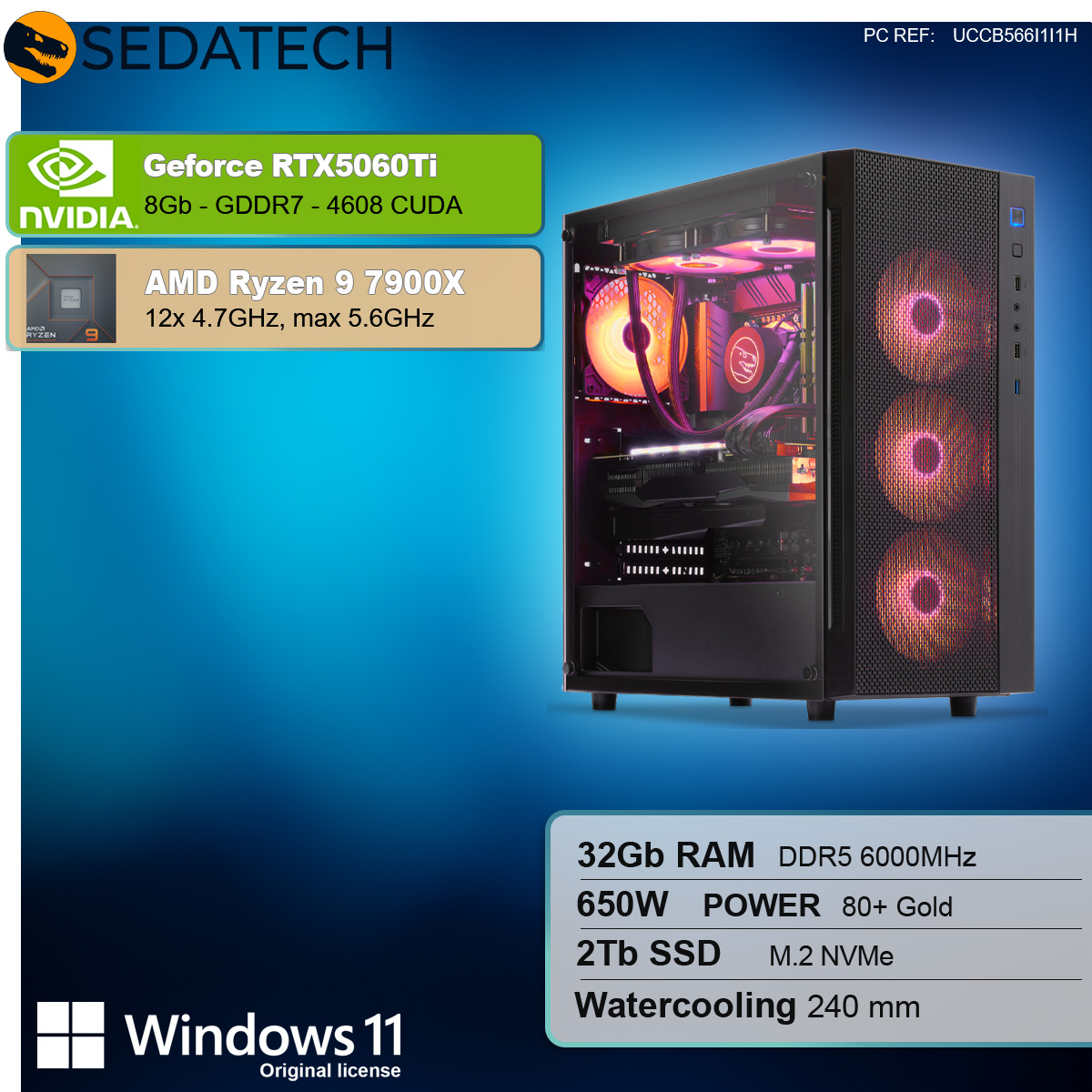 Un case per computer con componenti all'interno. Scheda grafica e CPU evidenziate.