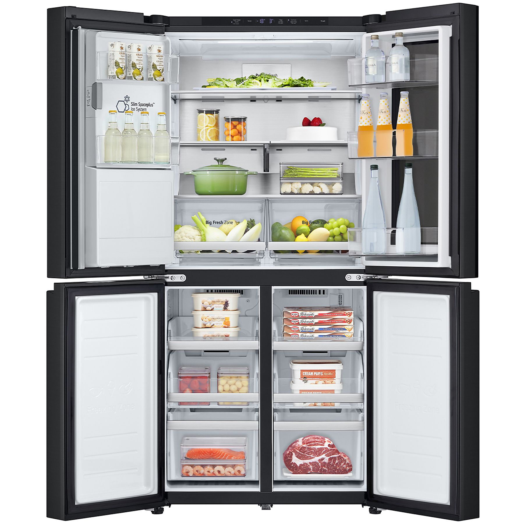 Czarna lodówka LG z otwartymi drzwiami, pokazująca produkty spożywcze, takie jak owoce, warzywa, napoje i mrożonki.