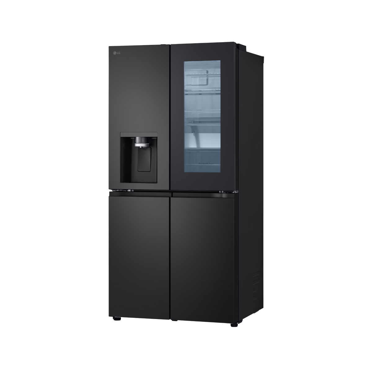 Czarna lodówka LG, zamknięta, z dozownikiem wody i funkcją InstaView door-in-door.