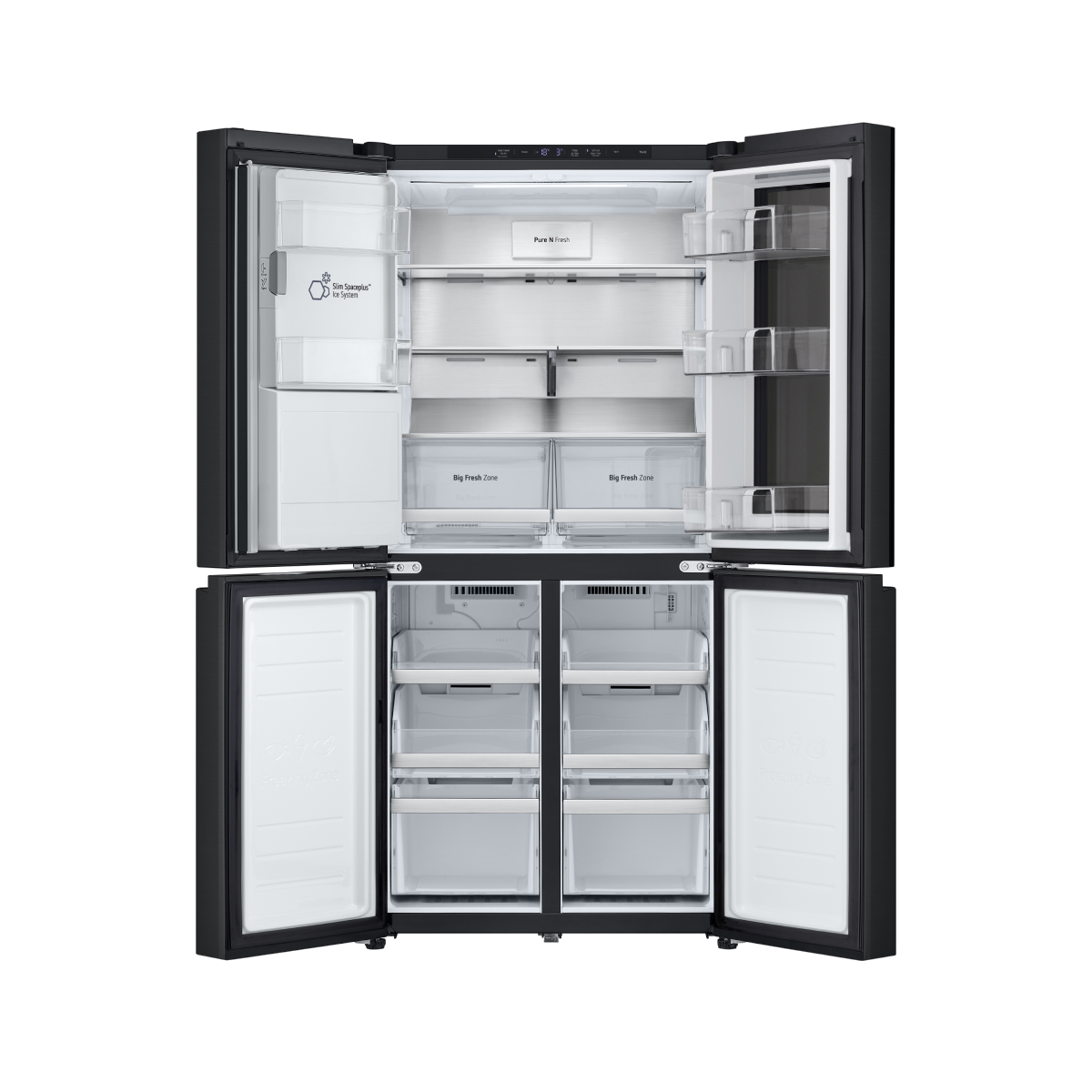 Czarna lodówka LG, otwarta, puste półki, pokazująca Big Fresh Zone i system Slim Spaceplus.