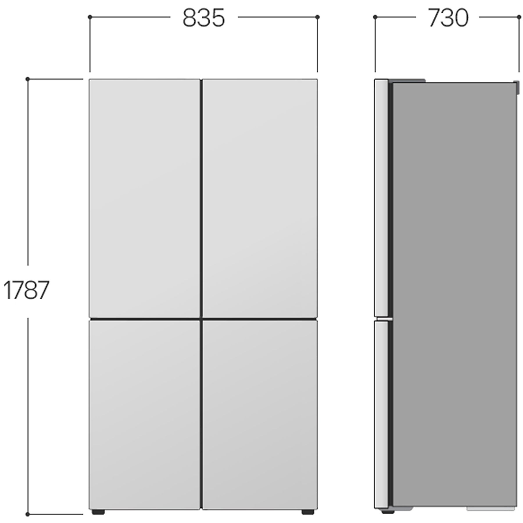 Frigorifero con dimensioni: 1787x835x730 mm. Viste frontale e laterale.