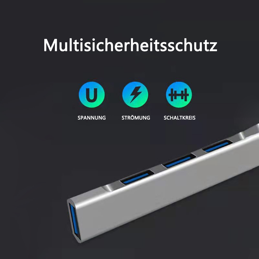 Ein silberner USB-Hub mit blauen Anschlüssen und Symbolen für Spannung, Strom und Stromkreis.