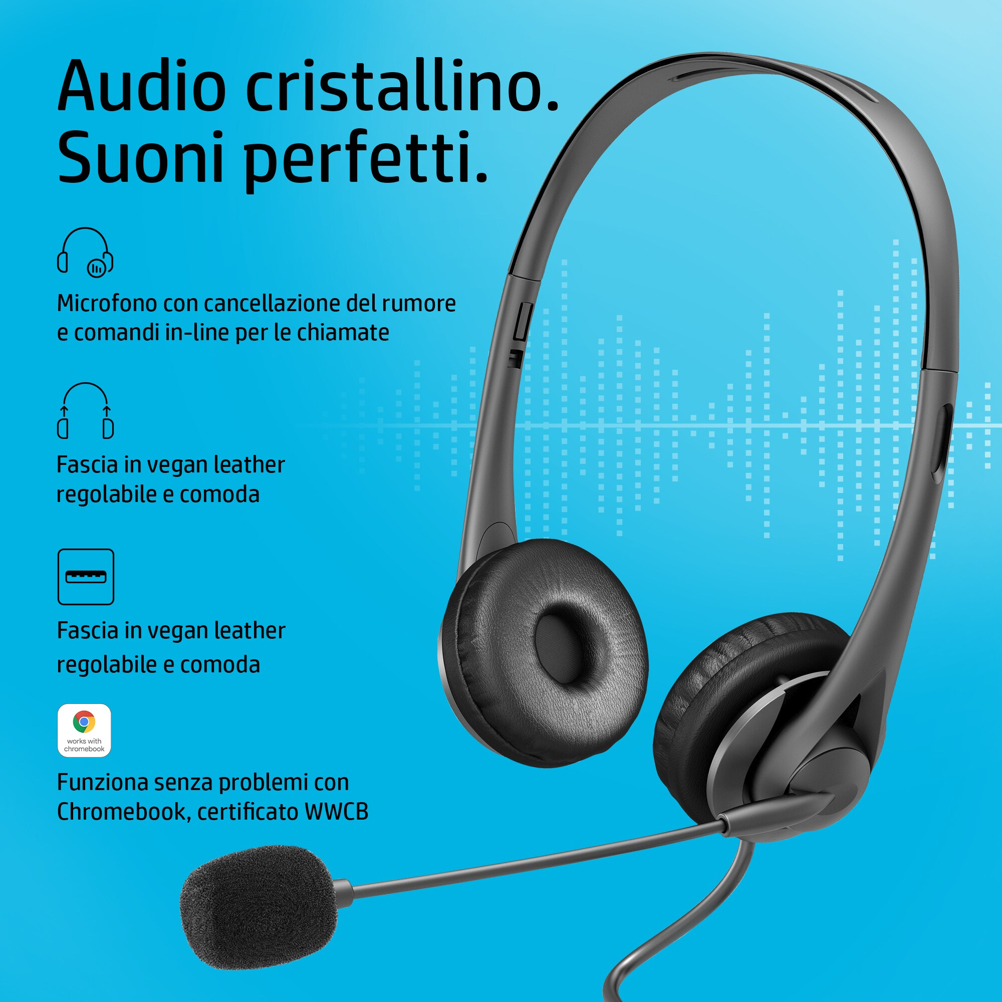 Un auricular con micrófono sobre un fondo azul con texto sobre la calidad del sonido.