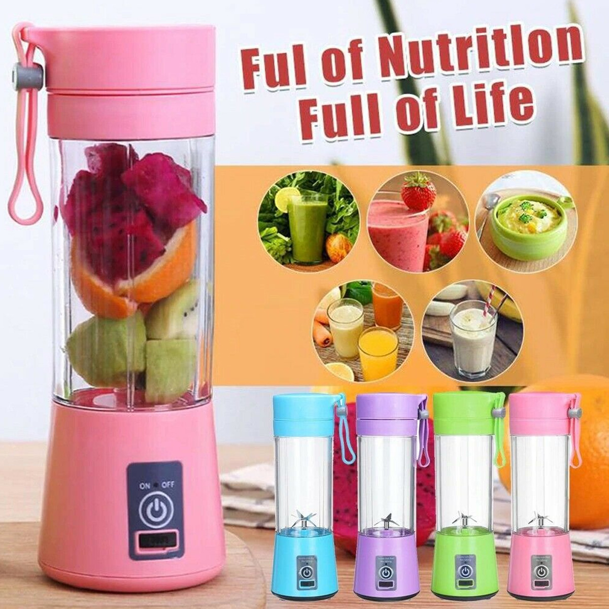 Ein pinker Mixer mit verschiedenen Früchten, umgeben von anderen Mixern und Bildern von Smoothies.