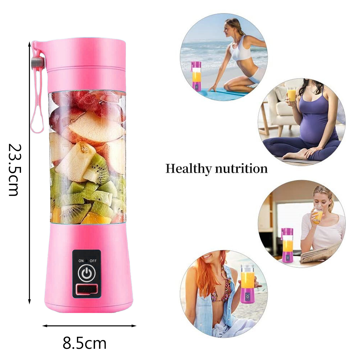 Rosa Mixer mit Früchten, Abmessungen angegeben, Bilder zeigen Verwendung mit gesunder Ernährung.