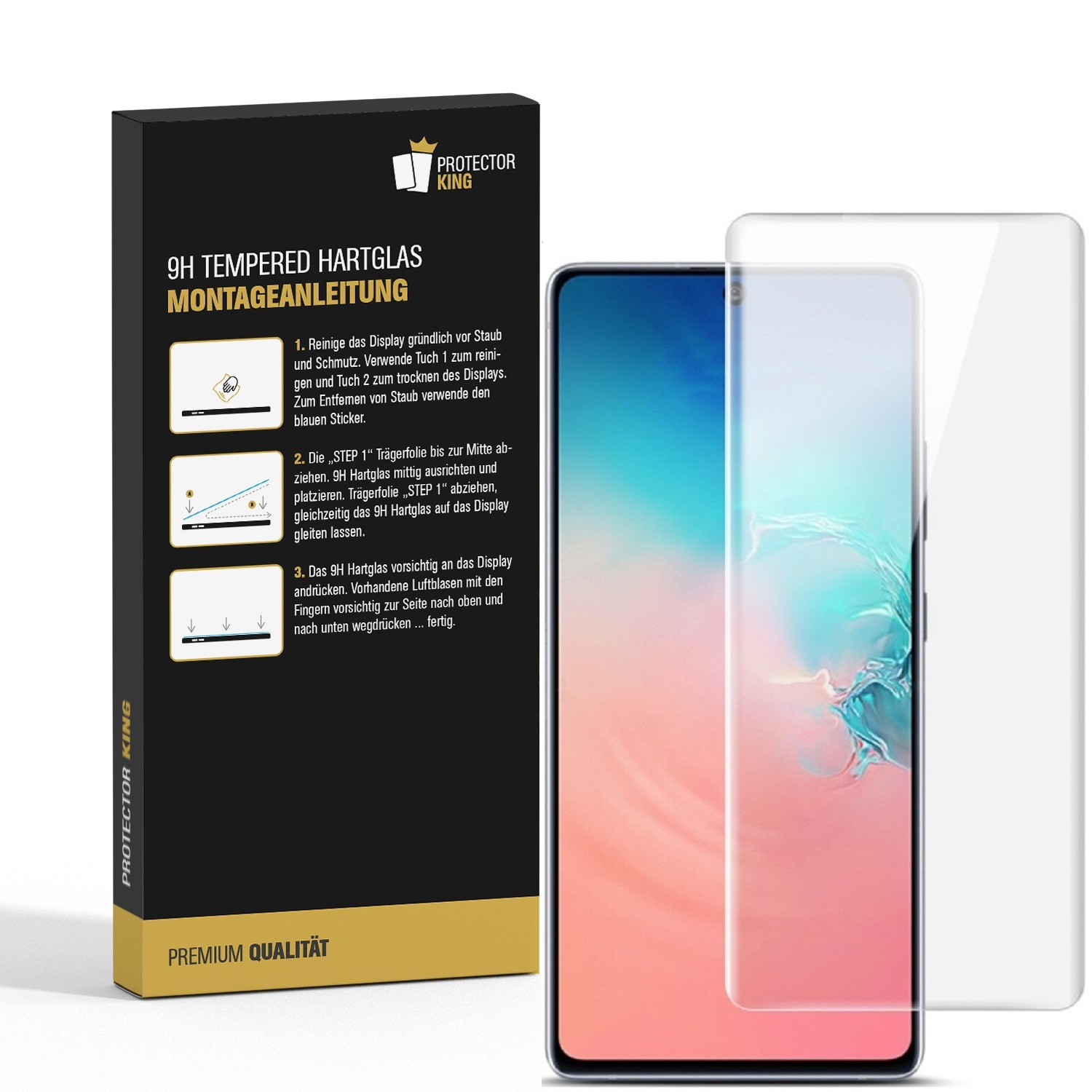 Ein Displayschutz-Kit mit Anweisungen und einem Telefon. Der Schutz ist transparent.