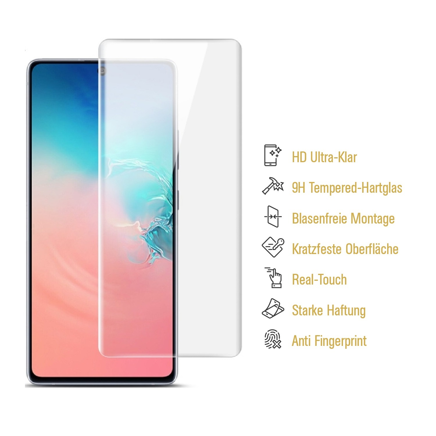 Smartphone mit Displayschutz. Merkmale: HD-Klarheit, gehärtetes Glas, blasenfreie Installation und Anti-Fingerabdruck.