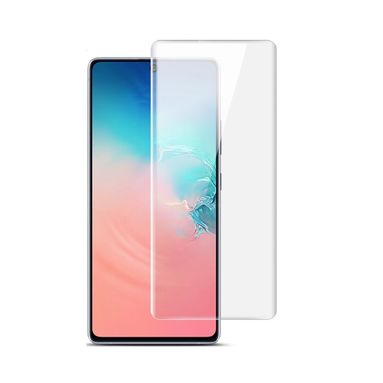 Telefon mit Displayschutzfolie und Displayschutzfolie, weißer Hintergrund.