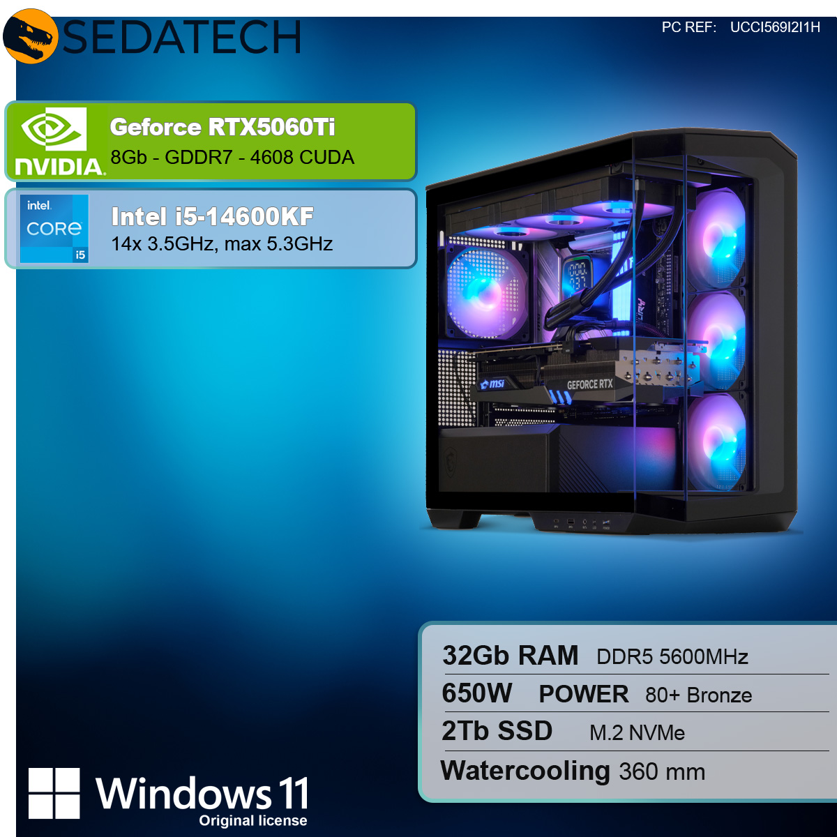 Schwarzes PC-Gehäuse, Komponenten, Nvidia- und Intel-Logos, Windows 11. Spezifikationen: RTX 5060Ti und i5-14600KF.