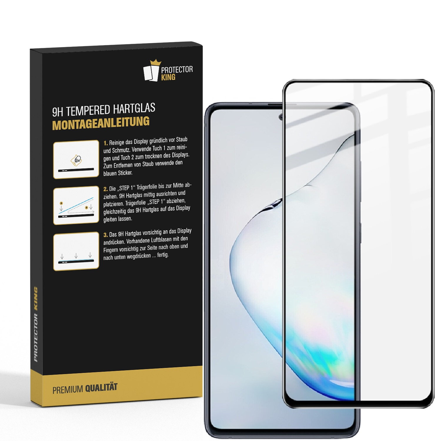 Eine Displayschutzfolienbox mit einem Telefon und einer Schutzfolie.