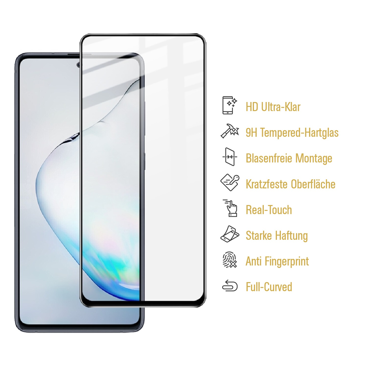 Smartphone mit Displayschutz. Klarer Schutz über dem Bildschirm, mit Funktionssymbolen.