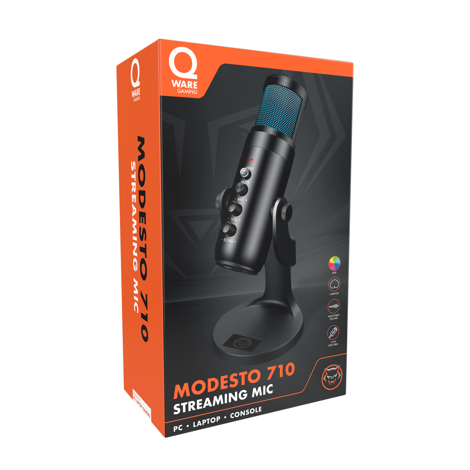 Verpacktes Mikrofon mit blauem Mesh, schwarzem Ständer und Knöpfen. Die Box ist orange-schwarz.