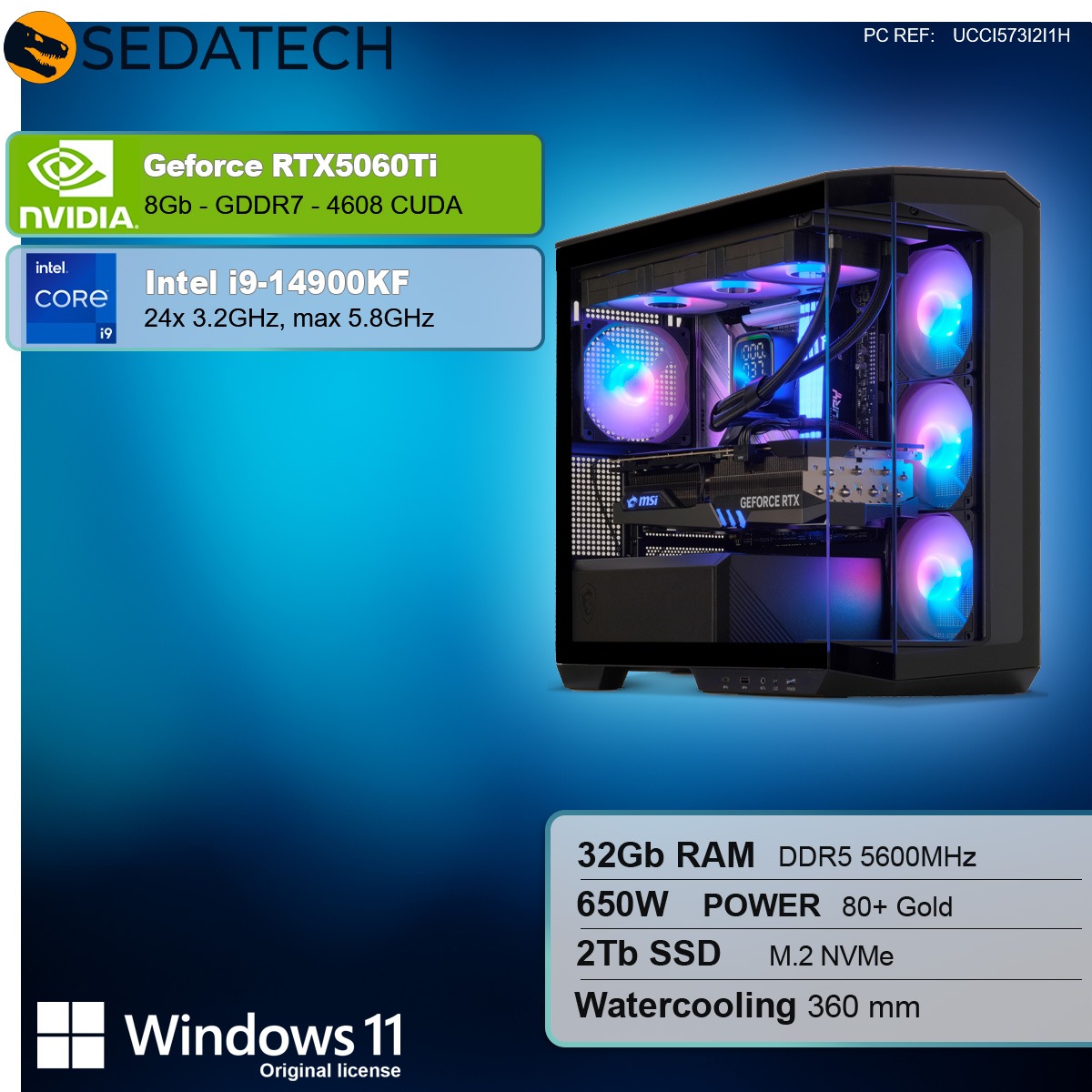 Torre PC nera con componenti. Testo: i9, RTX5060Ti, 32GB RAM, 2TB SSD.