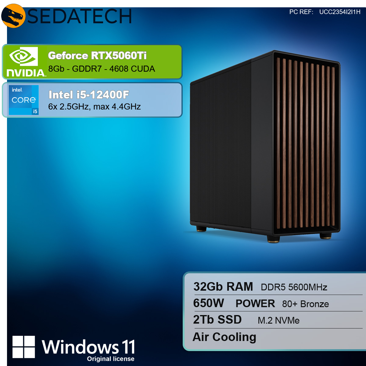 Torre PC nera con componenti. Testo: i5, RTX5060Ti, 32GB RAM, 2TB SSD.