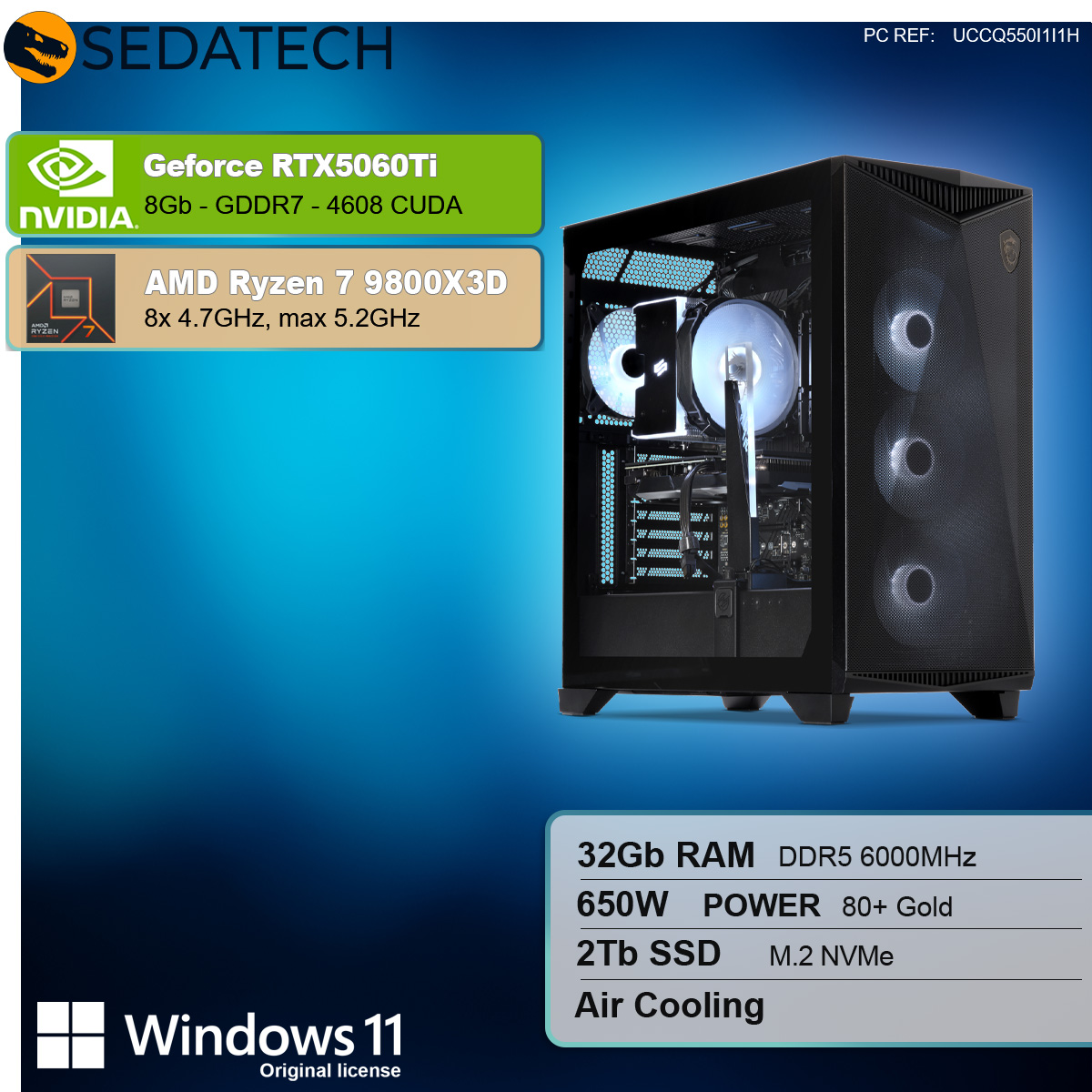 Una torre del computer con etichette informative, tra cui CPU e GPU.