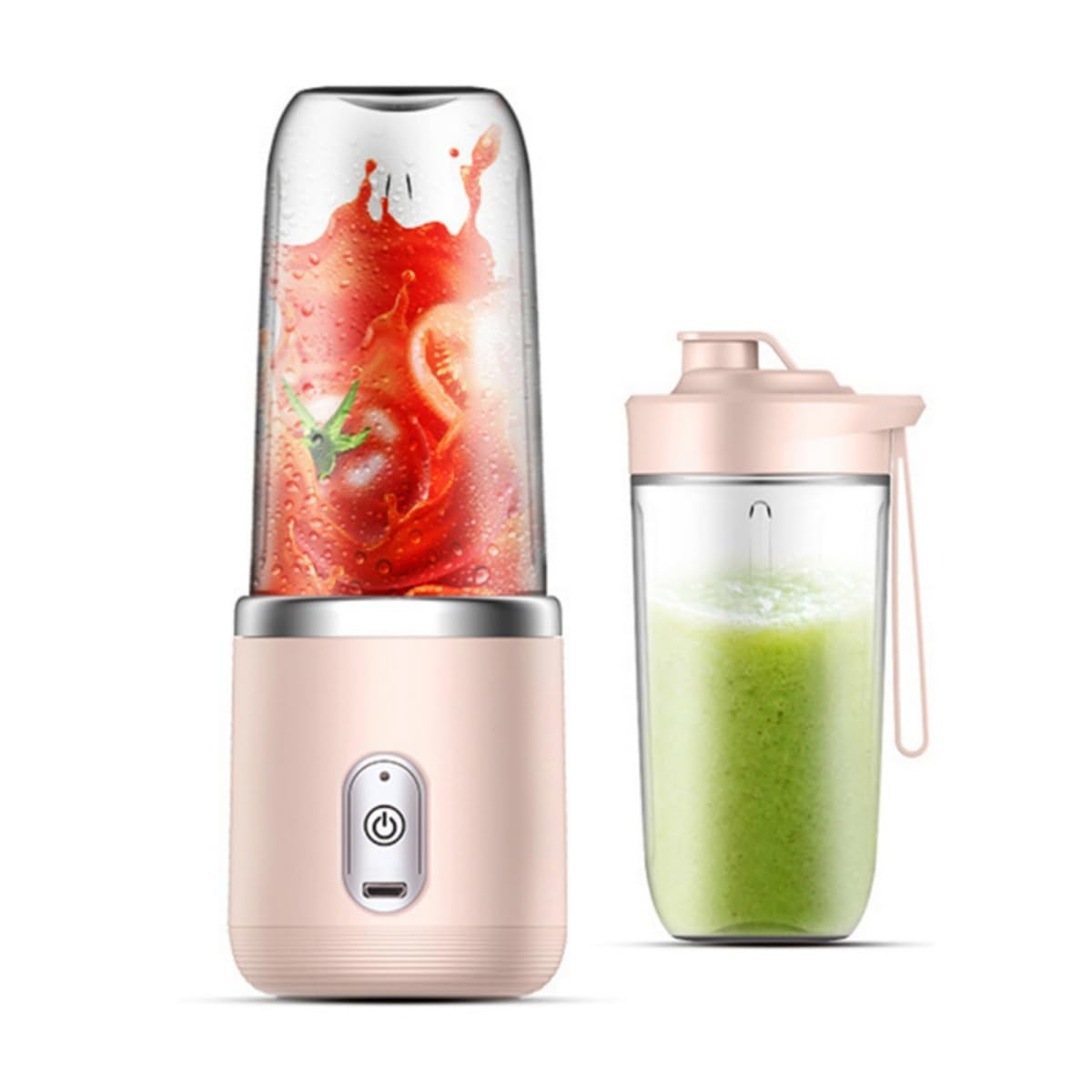 Rosa-silberner tragbarer Mixer mit Glasbehälter und separatem Smoothie-Glas.